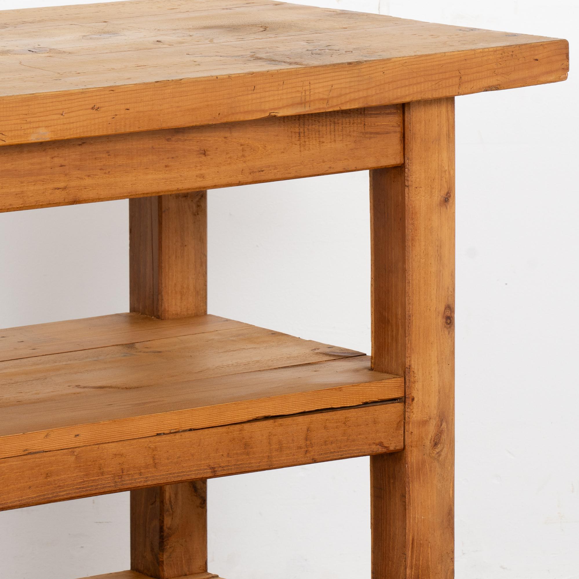 Pine Worktable Small Kitchen Island Console with Two Shelves, Hungary Circa 1940 2
