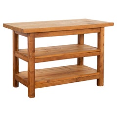 Pine Worktable Small Kitchen Island Console with Two Shelves, Hungary Circa 1940
