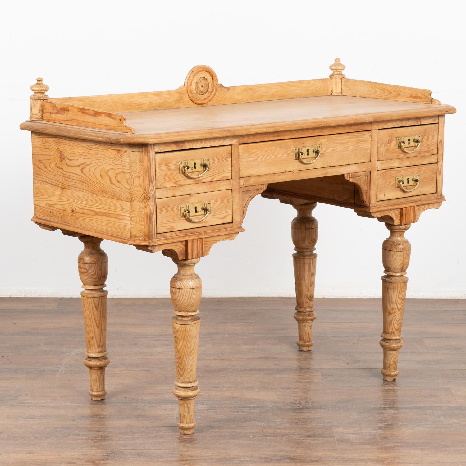 Danish Pine Writing Desk with Five Drawers, Denmark circa 1890 For Sale