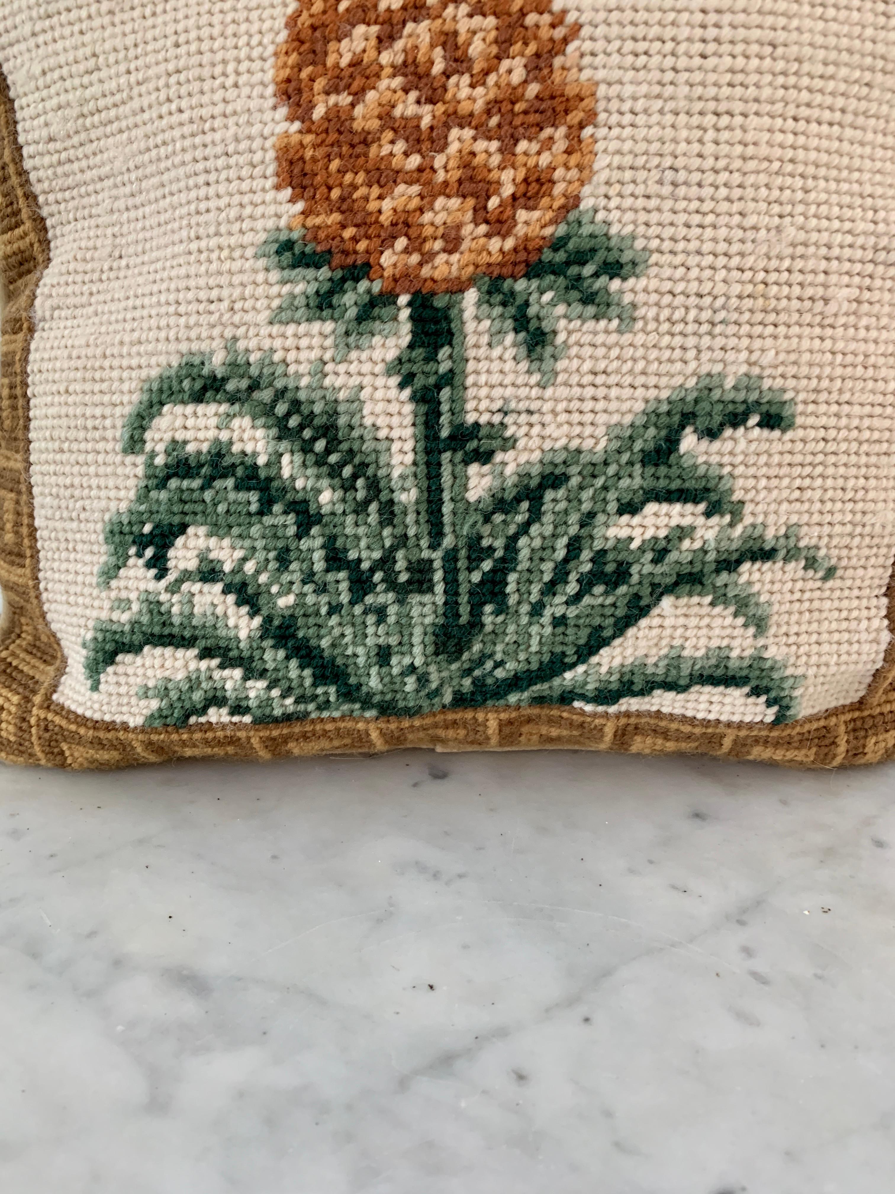 Pineapple and Greek Key Needlepoint Throw Pillow In Good Condition In Elkhart, IN