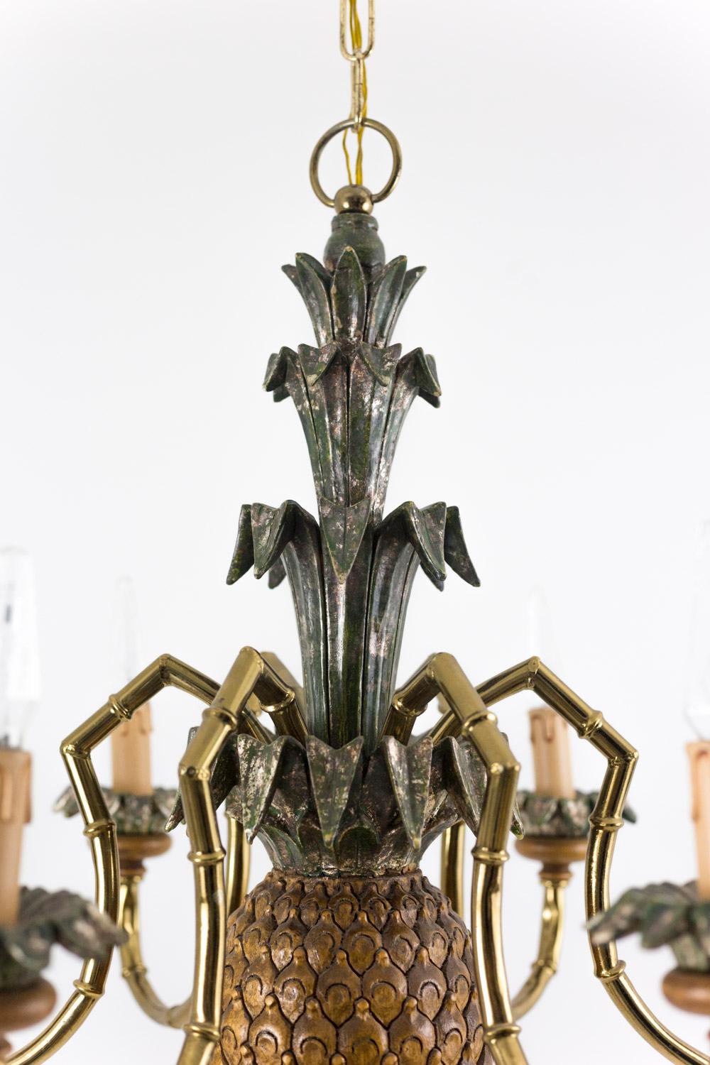 Art Deco Pineapple Chandelier in Lacquered Wood and Gilt Brass, 1950s