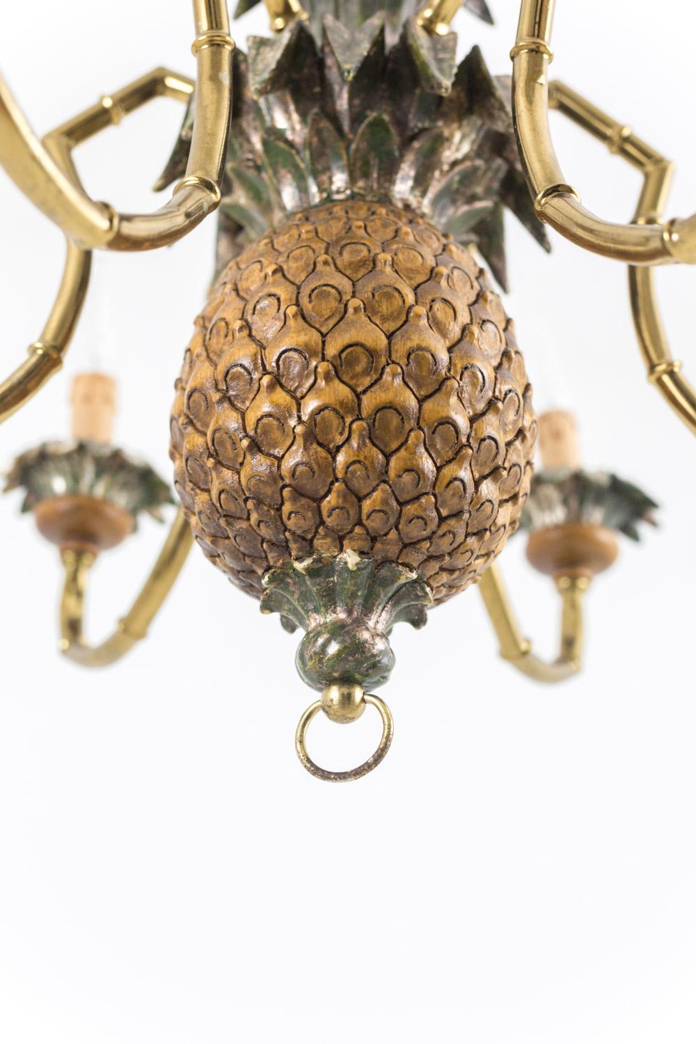 European Pineapple Chandelier in Lacquered Wood and Gilt Brass, 1950s