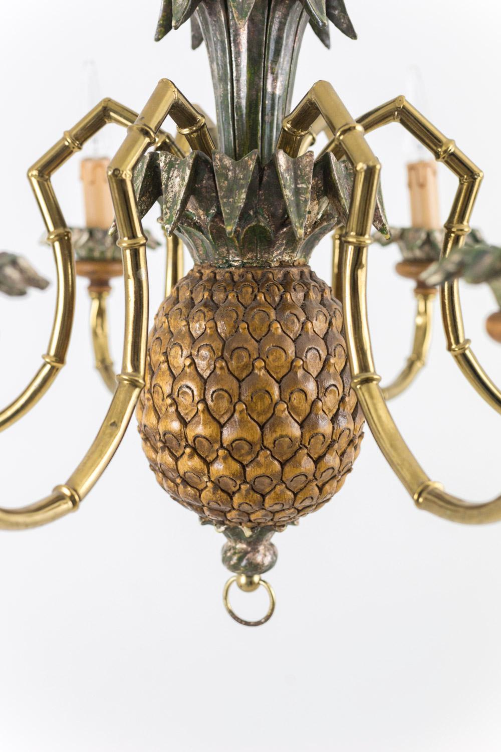 Pineapple Chandelier in Lacquered Wood and Gilt Brass, 1950s In Good Condition In Saint-Ouen, FR