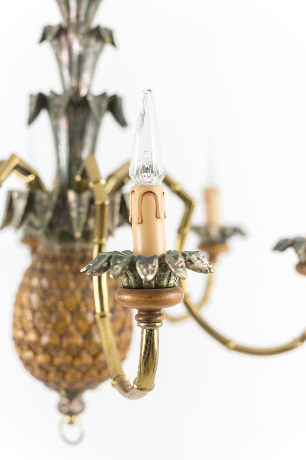 Mid-20th Century Pineapple Chandelier in Lacquered Wood and Gilt Brass, 1950s