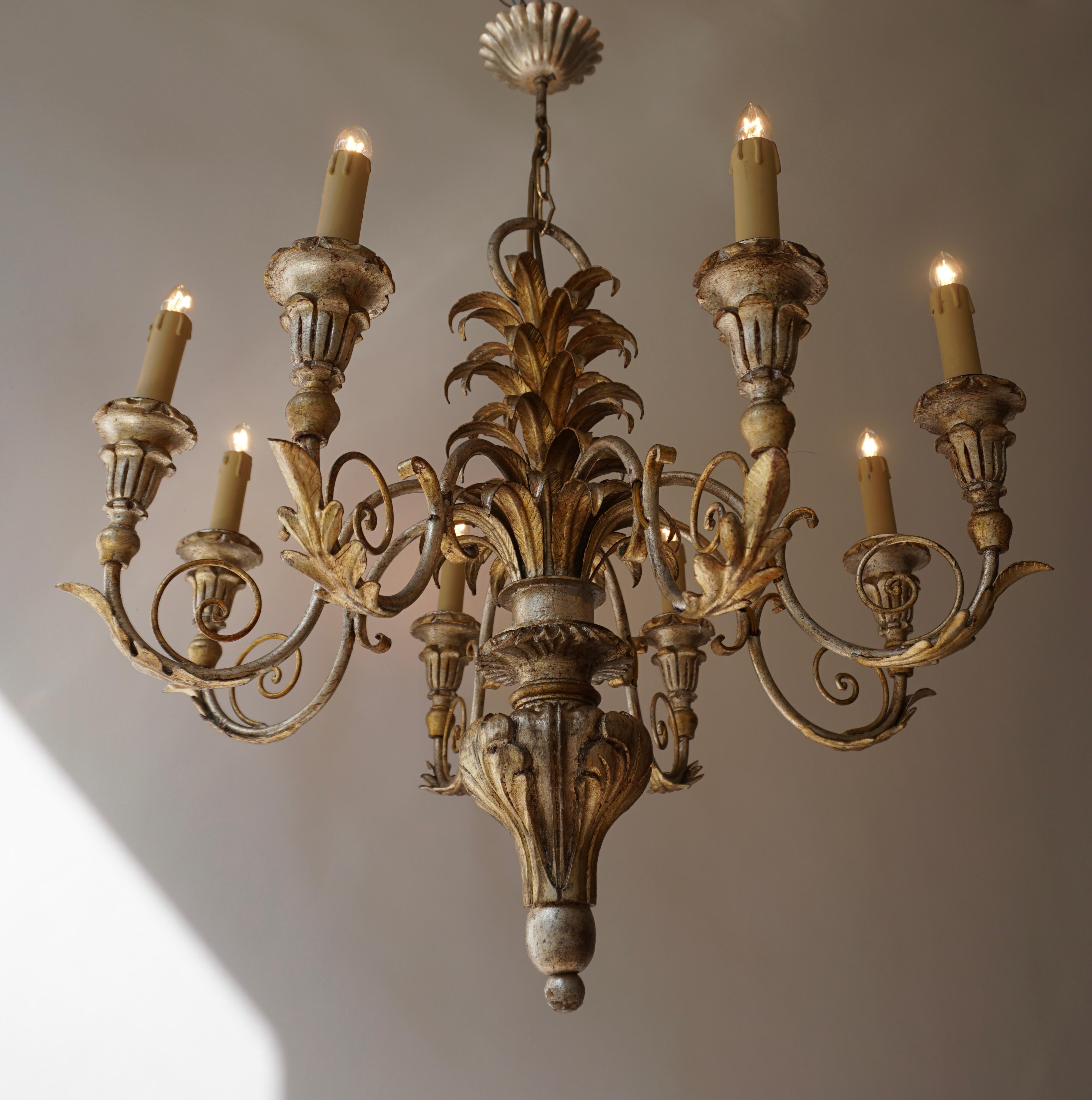 20th Century Pineapple Chandelier in Lacquered Wood and Gilt Brass, 1950s For Sale