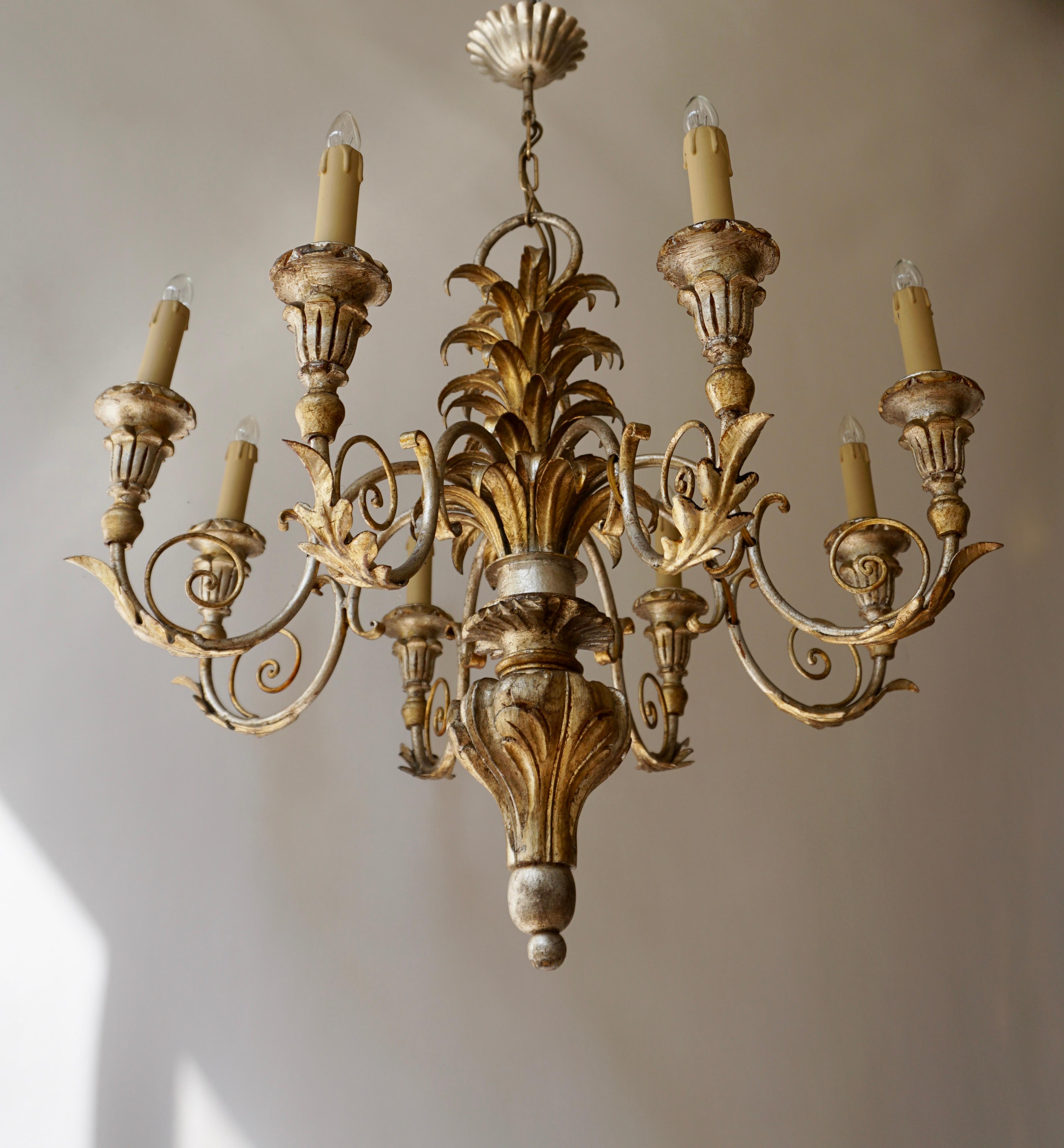 Pineapple Chandelier in Lacquered Wood and Gilt Brass, 1950s For Sale 1