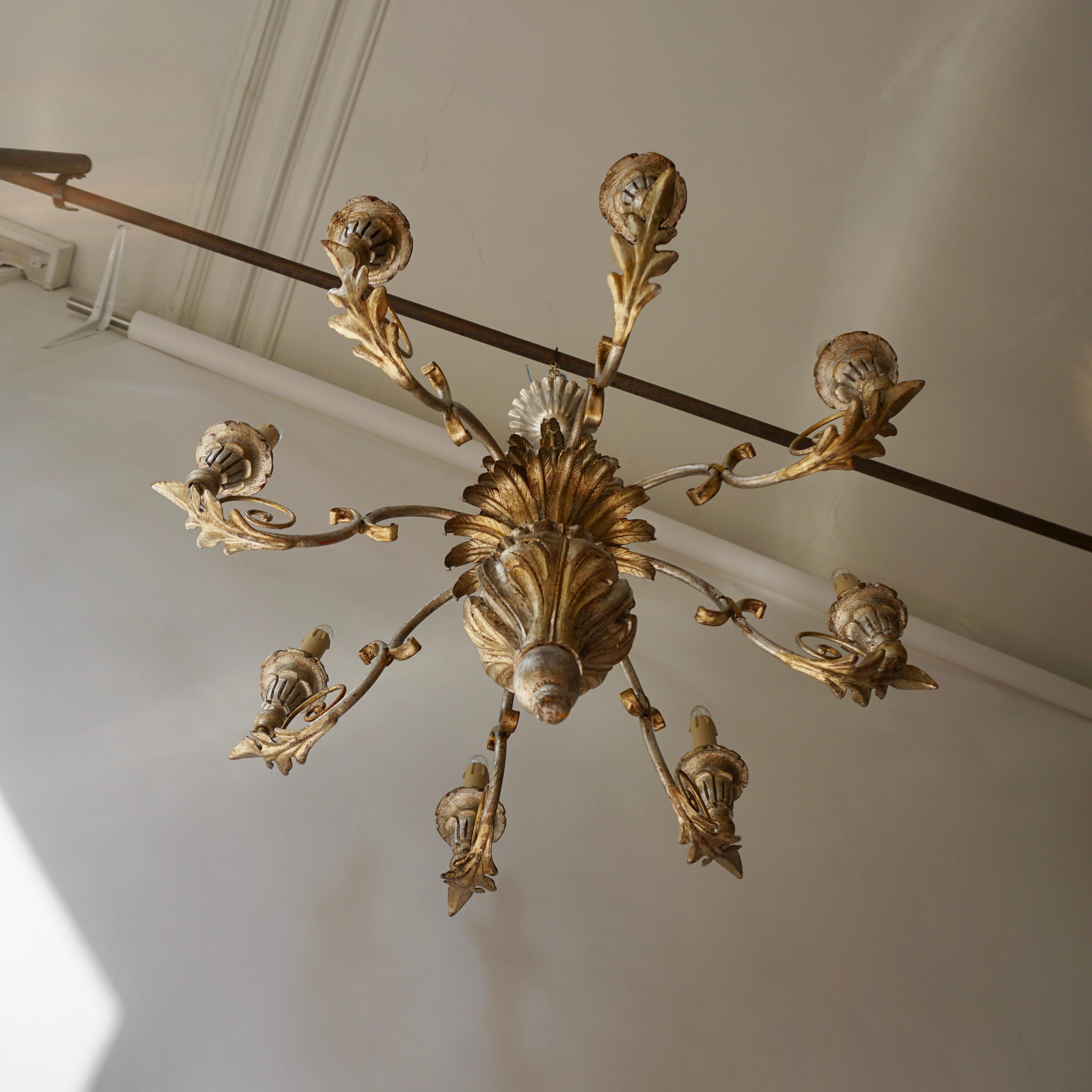 Pineapple Chandelier in Lacquered Wood and Gilt Brass, 1950s For Sale 2