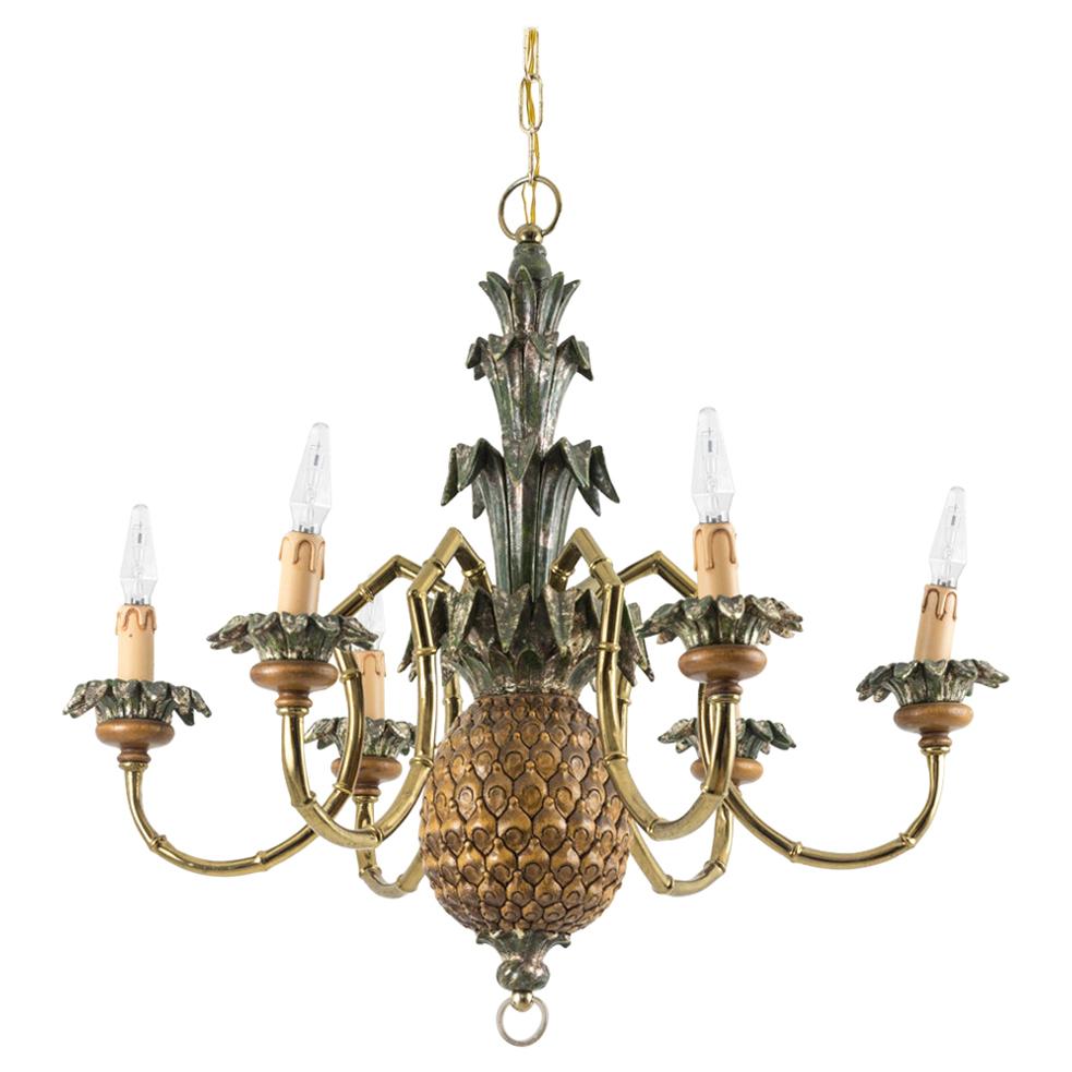 Pineapple Chandelier in Lacquered Wood and Gilt Brass, 1950s