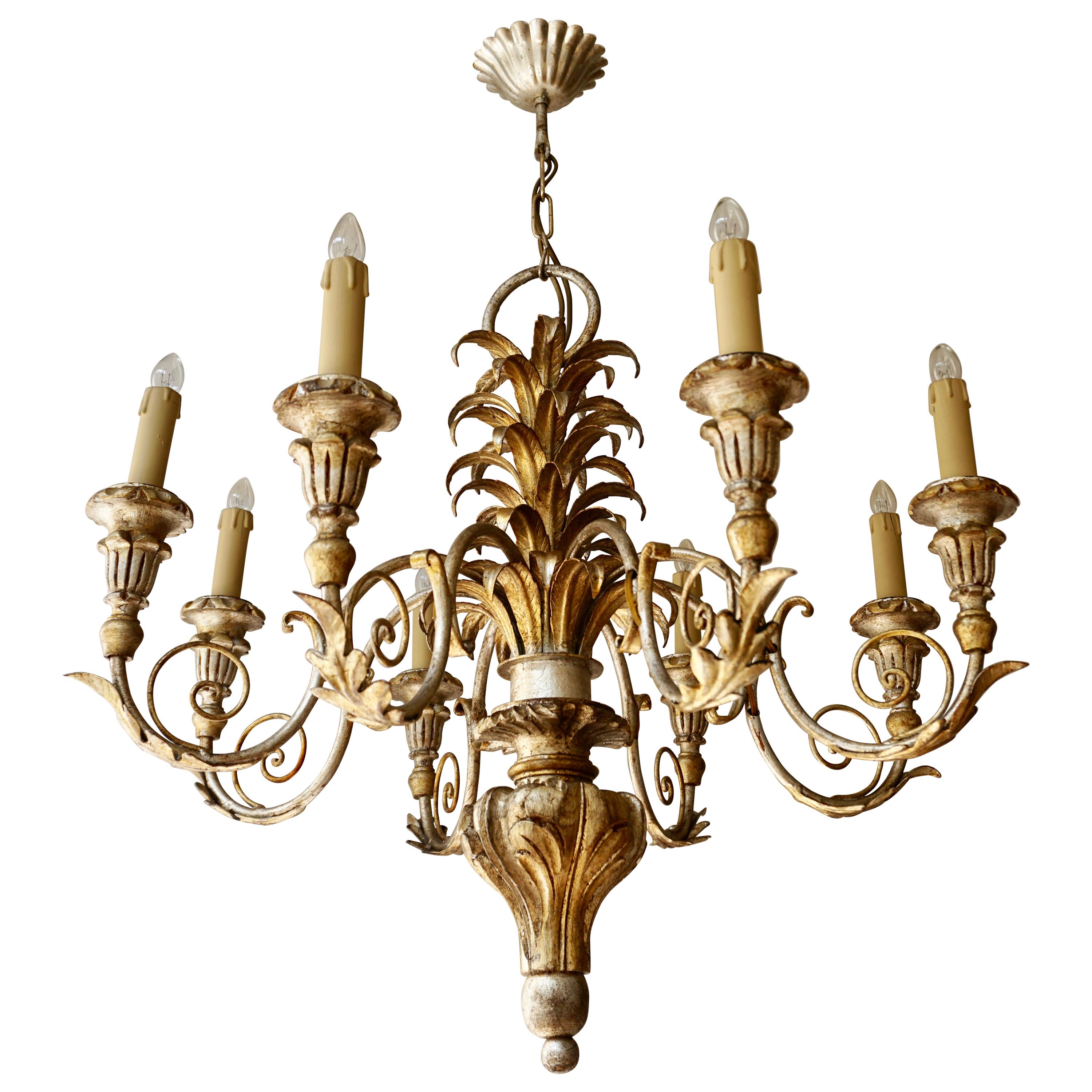 Pineapple Chandelier in Lacquered Wood and Gilt Brass, 1950s For Sale