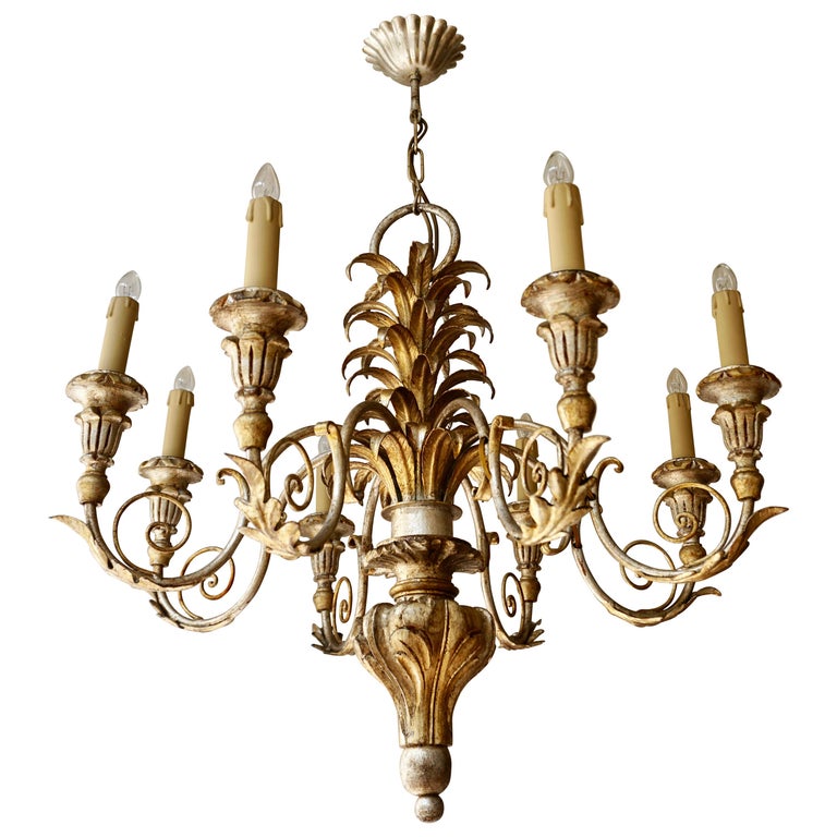 Pineapple Chandelier in Lacquered Wood and Gilt Brass, 1950s For