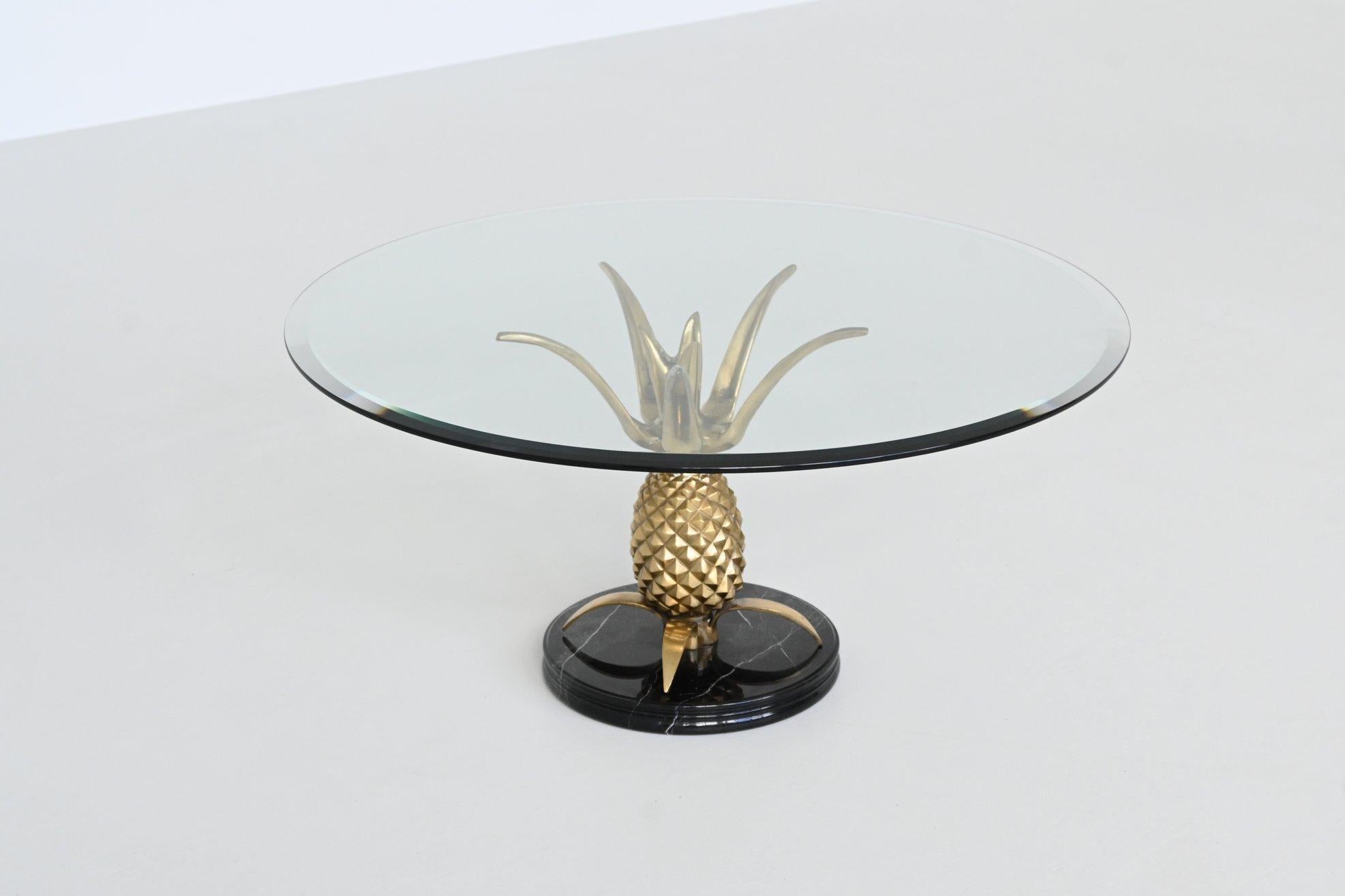 Brass Pineapple coffee table brass and marble Hollywood Regency France 1970