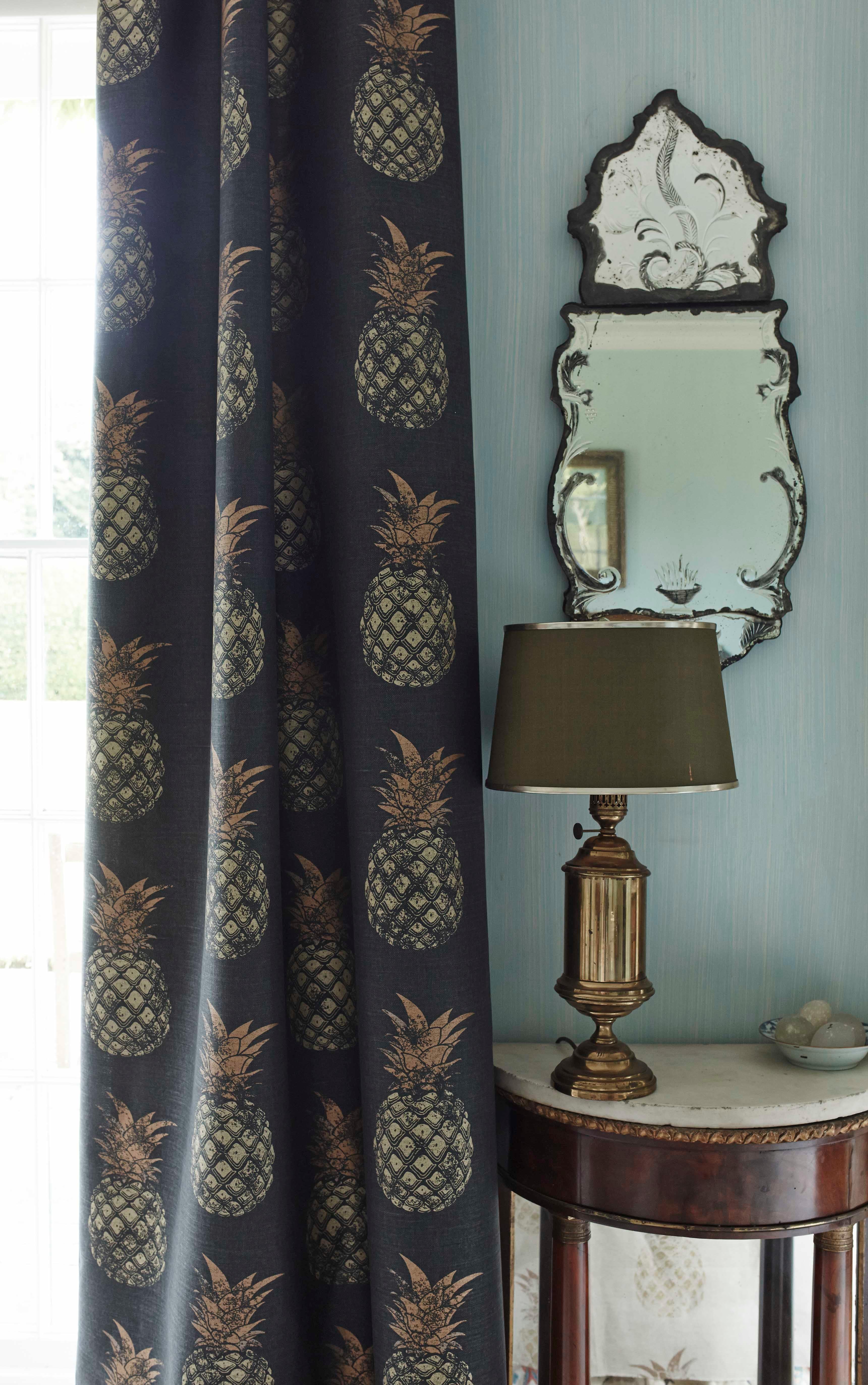 British 'Pineapple' Contemporary, Traditional Fabric in Gold on Charcoal For Sale