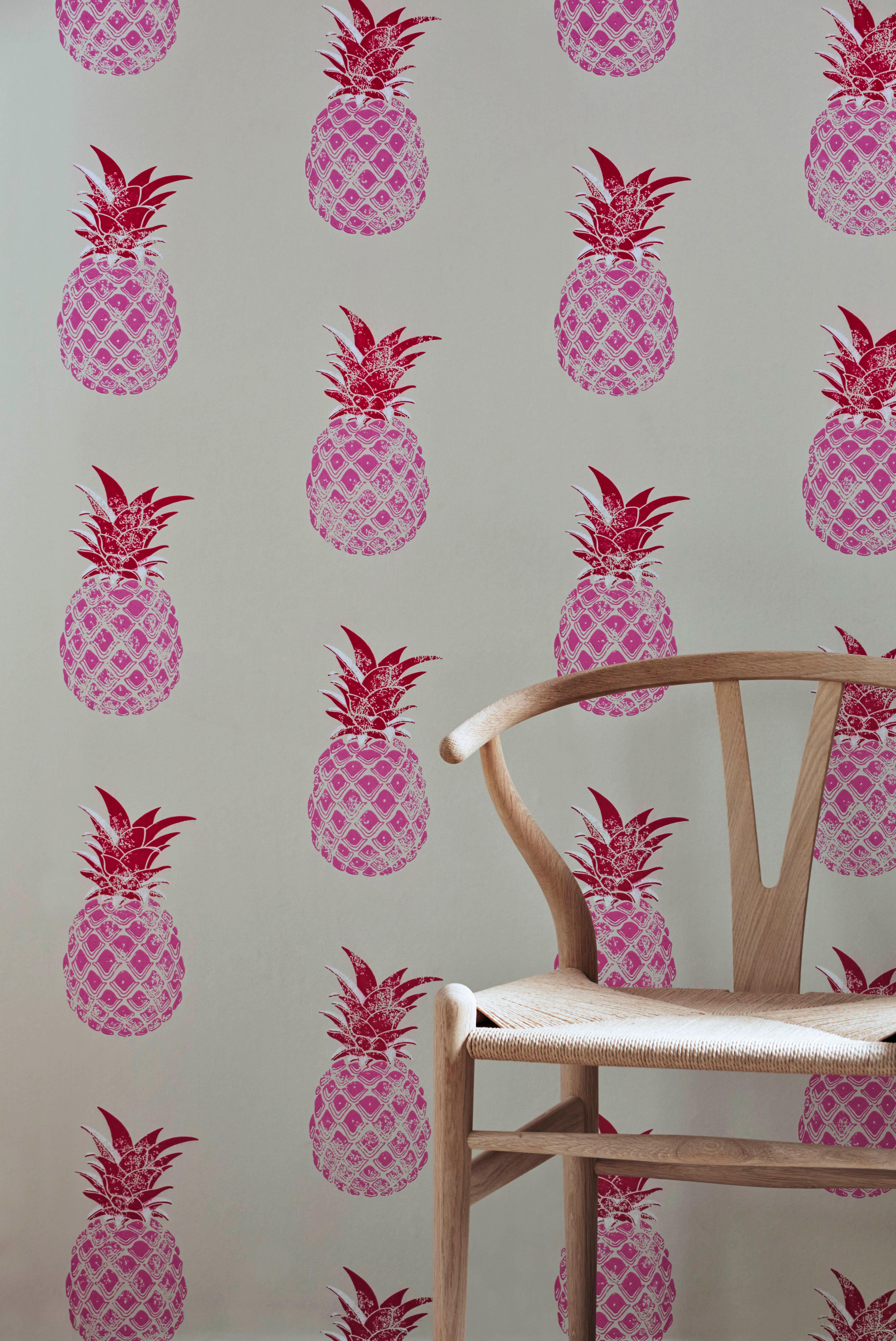 British 'Pineapple' Contemporary, Traditional Wallpaper in Red/Pink For Sale