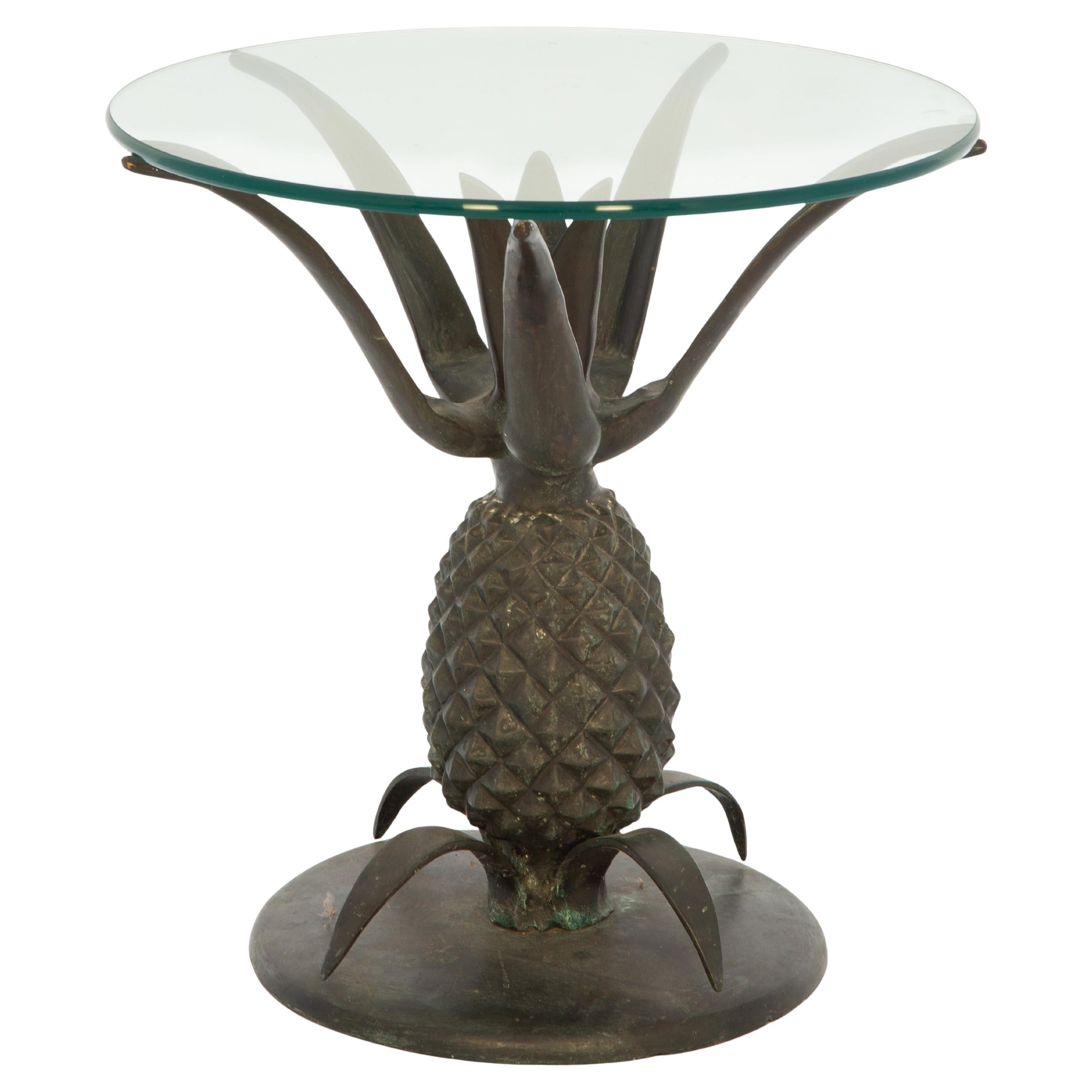 Pineapple Form Side Table of Bronze with Round Glass Top