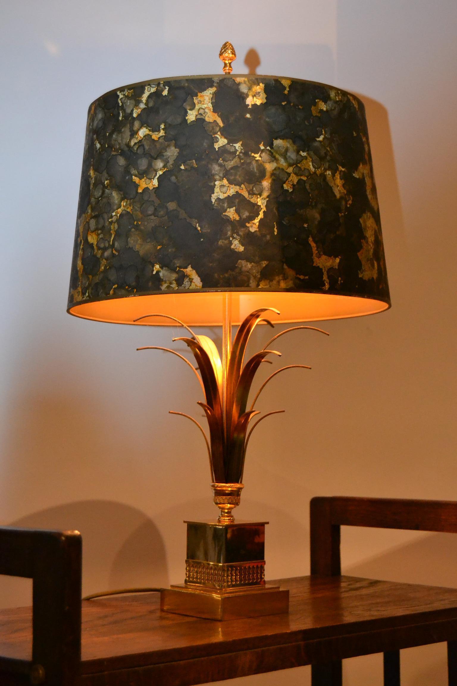 Pineapple Leaf Table Lamp, Brown and Gold Lampshade, Maison Charles Style, 1960s 8
