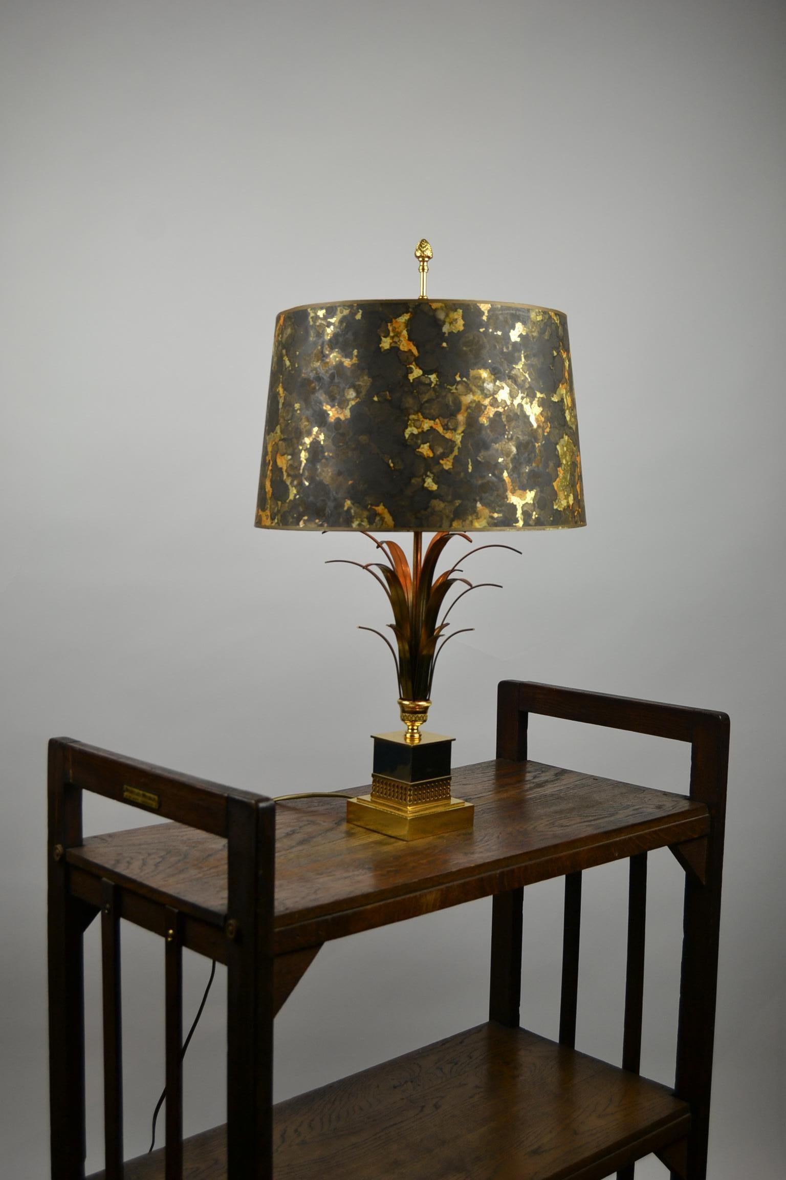 Pineapple Leaf Table Lamp, Brown and Gold Lampshade, Maison Charles Style, 1960s 9