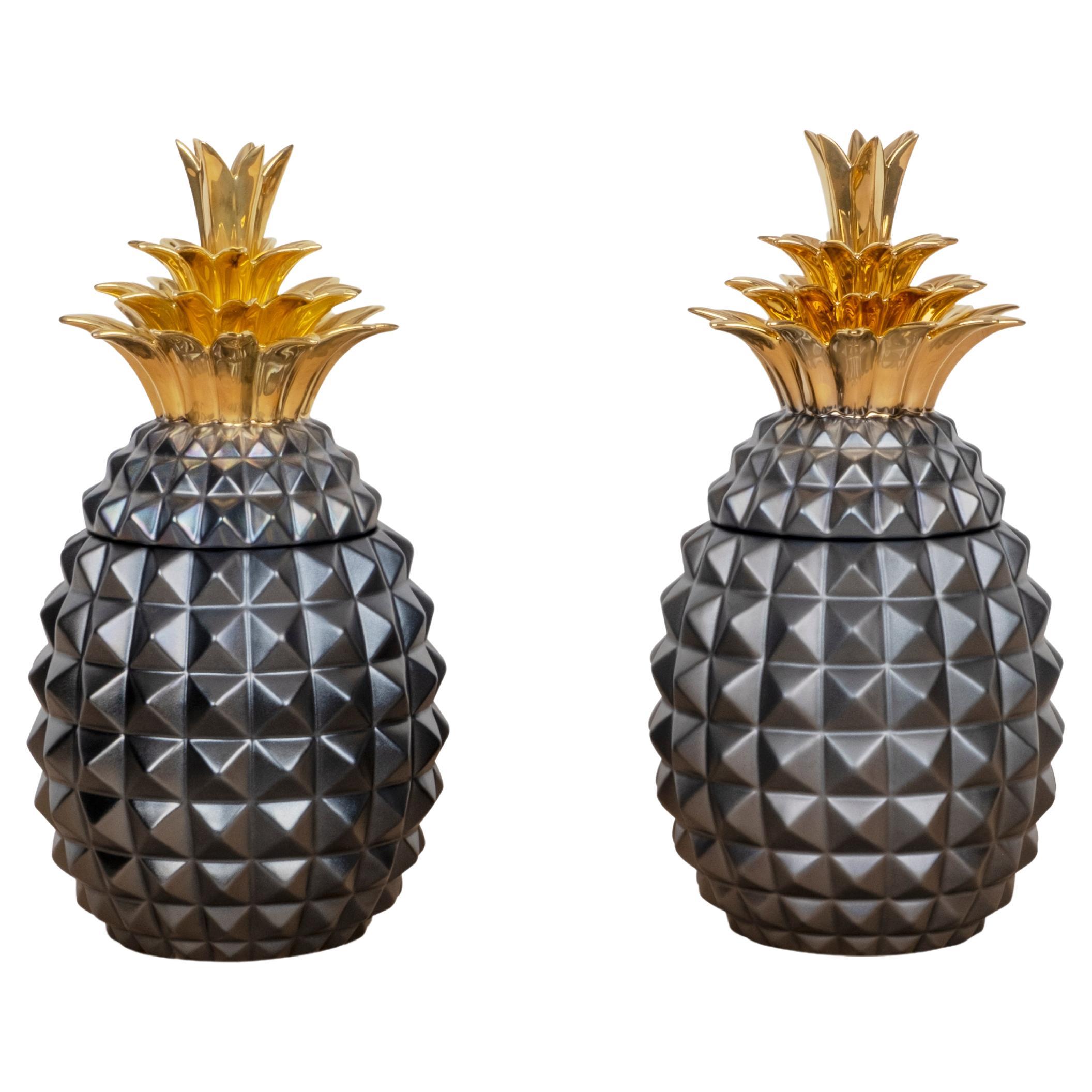 Set/2 Pineapple Ceramic Pots, Black, Handmade in Portugal by Lusitanus Home