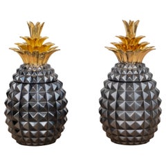 Set/2 Pineapple Ceramic Pots, Black, Handmade in Portugal by Lusitanus Home