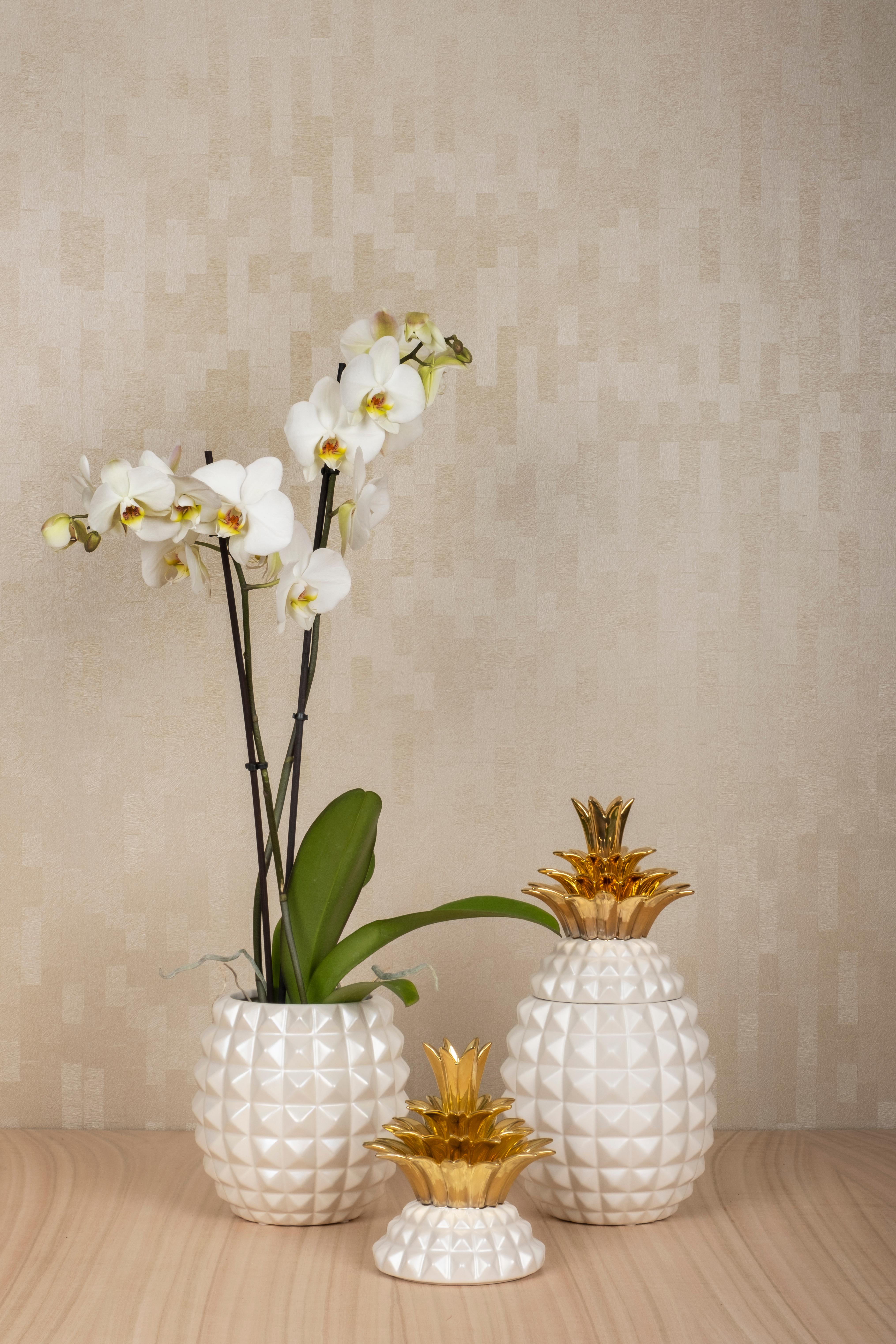Moderno Set/2 vasi in ceramica con ananas, bianchi, fatti a mano in Portogallo da Lusitanus Home in vendita