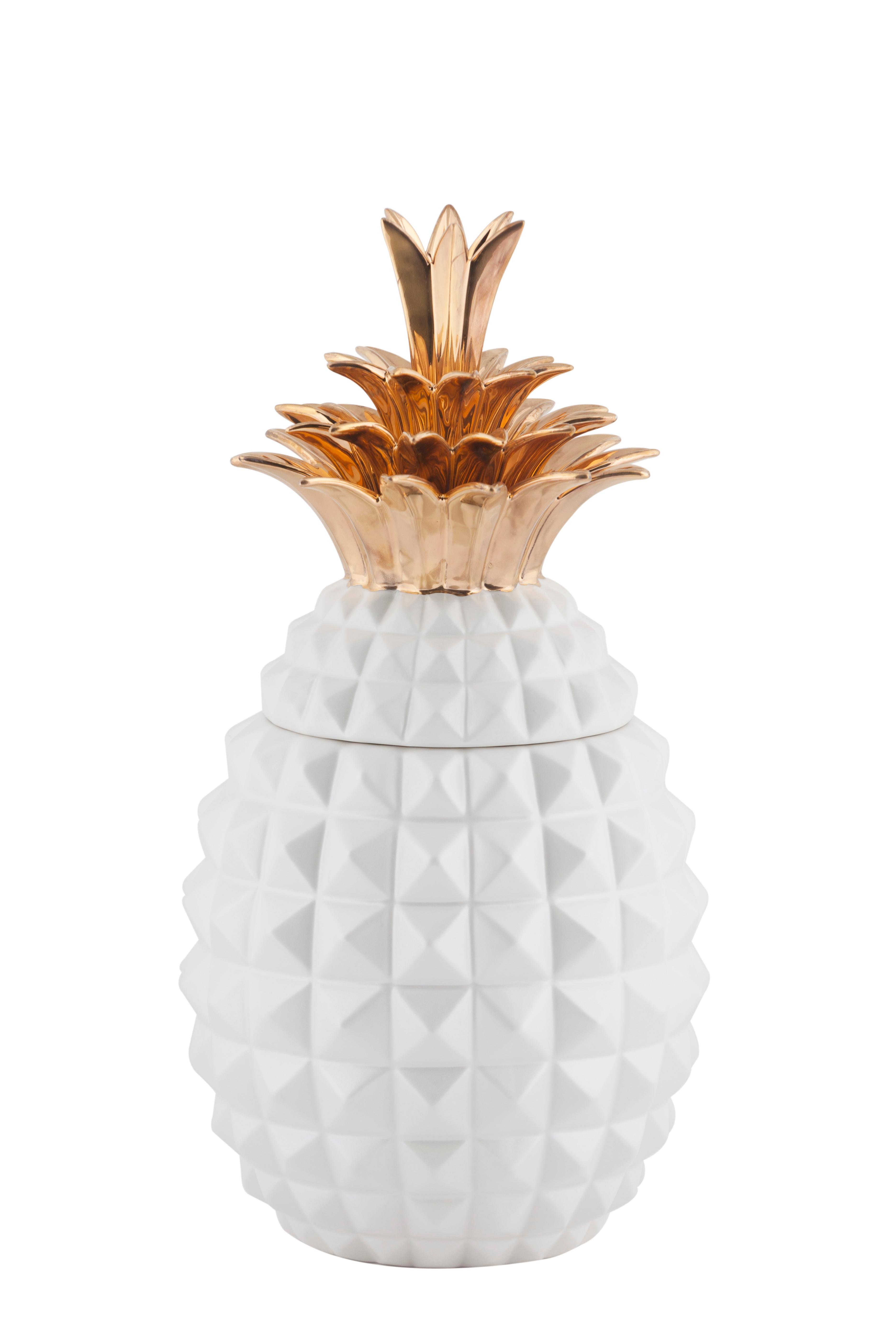 Modern Set/2 Pineapple Ceramic Pots, White, Handmade in Portugal by Lusitanus Home For Sale