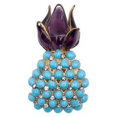 Pineapple Shaped Brooch in Gilded Metal and Glass Paste