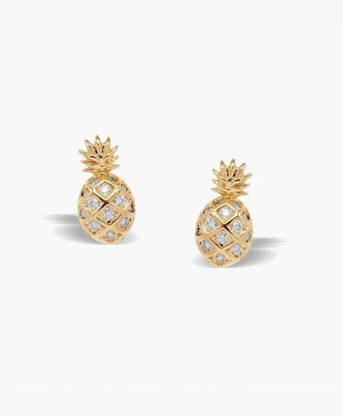 Art Deco Pineapple Studs 14k Solid Gold Genuine Diamond Pineapple Studs Gift For Women. For Sale