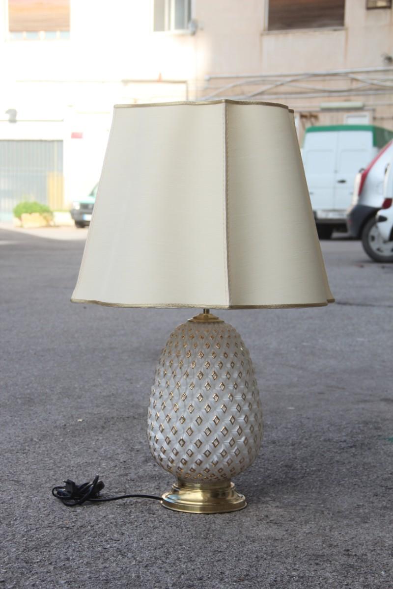 Pineapple Table Lamp Glass Carved 18-Karat Gold 1970 Italy Design Black Chantung For Sale 3