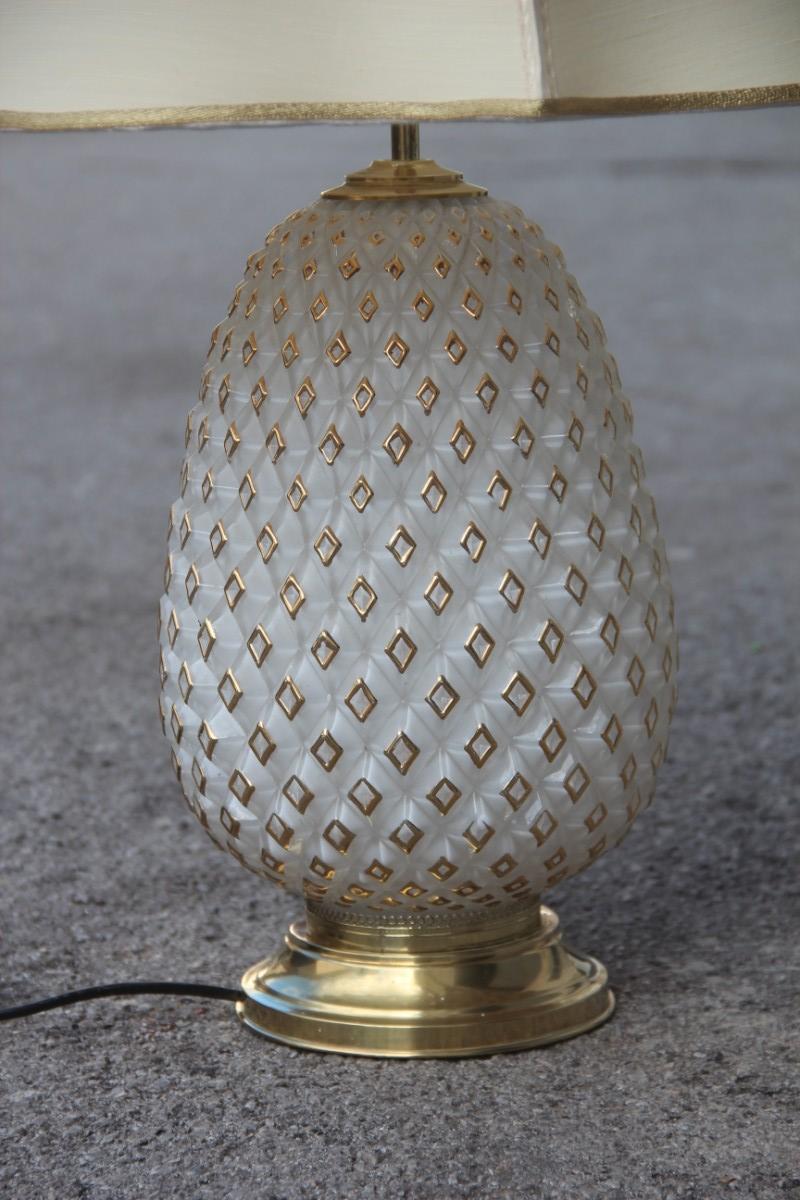 Italian Pineapple Table Lamp Glass Carved 18-Karat Gold 1970 Italy Design Black Chantung For Sale