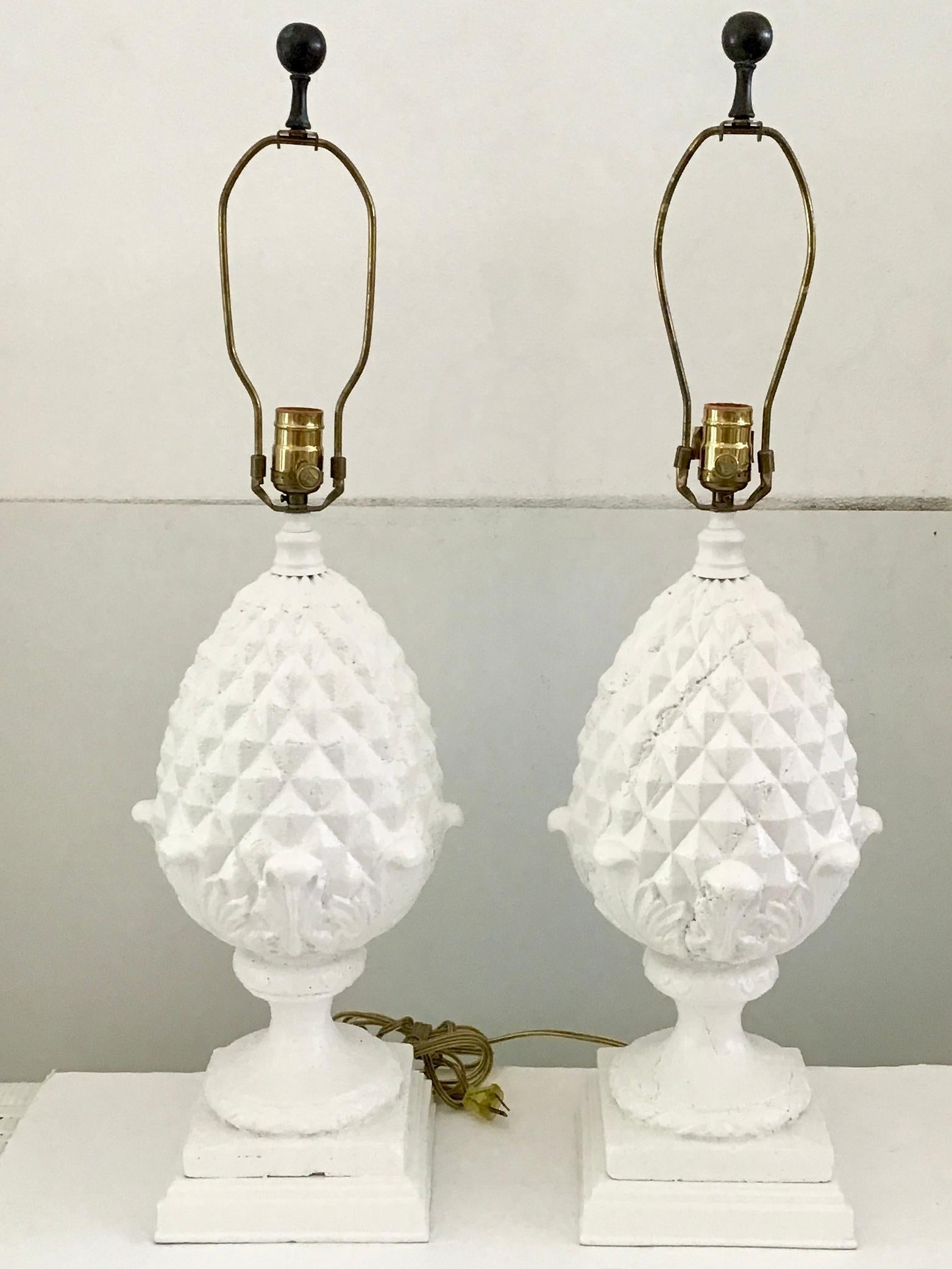 Modern Pineapple Table Lamps in Fresh White Finish, a Pair For Sale