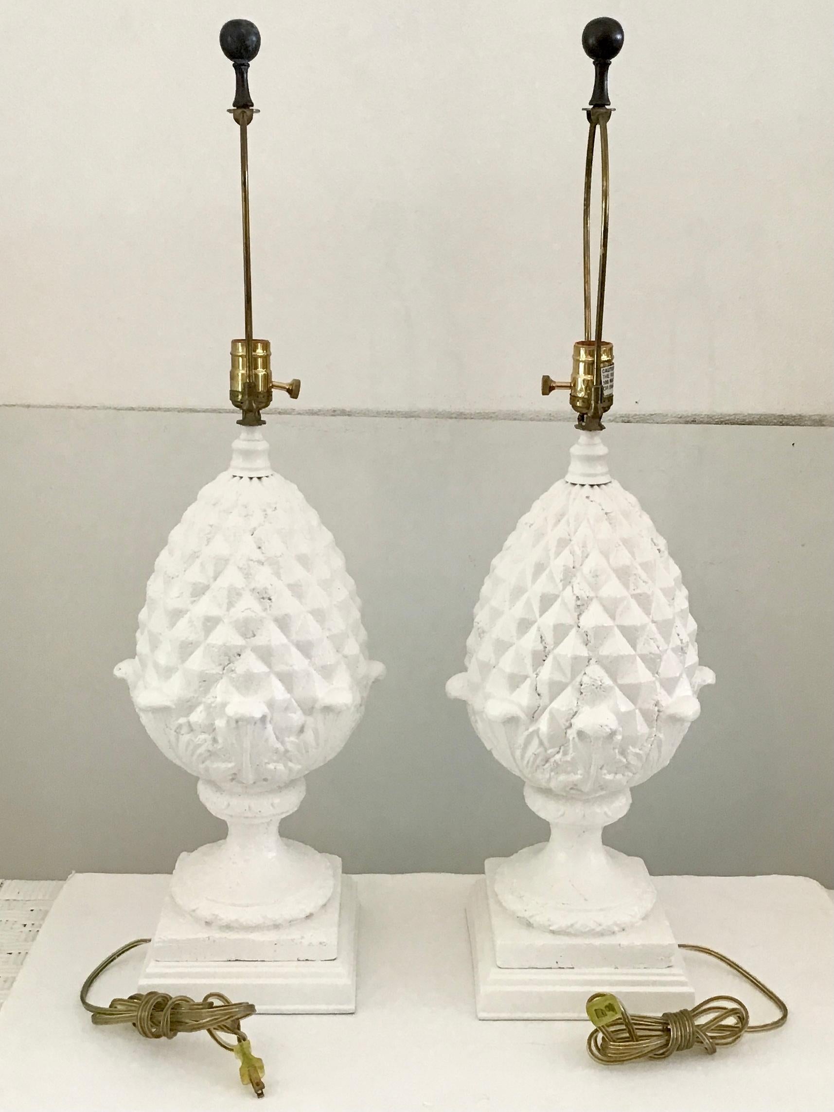 Stone Pineapple Table Lamps in Fresh White Finish, a Pair For Sale