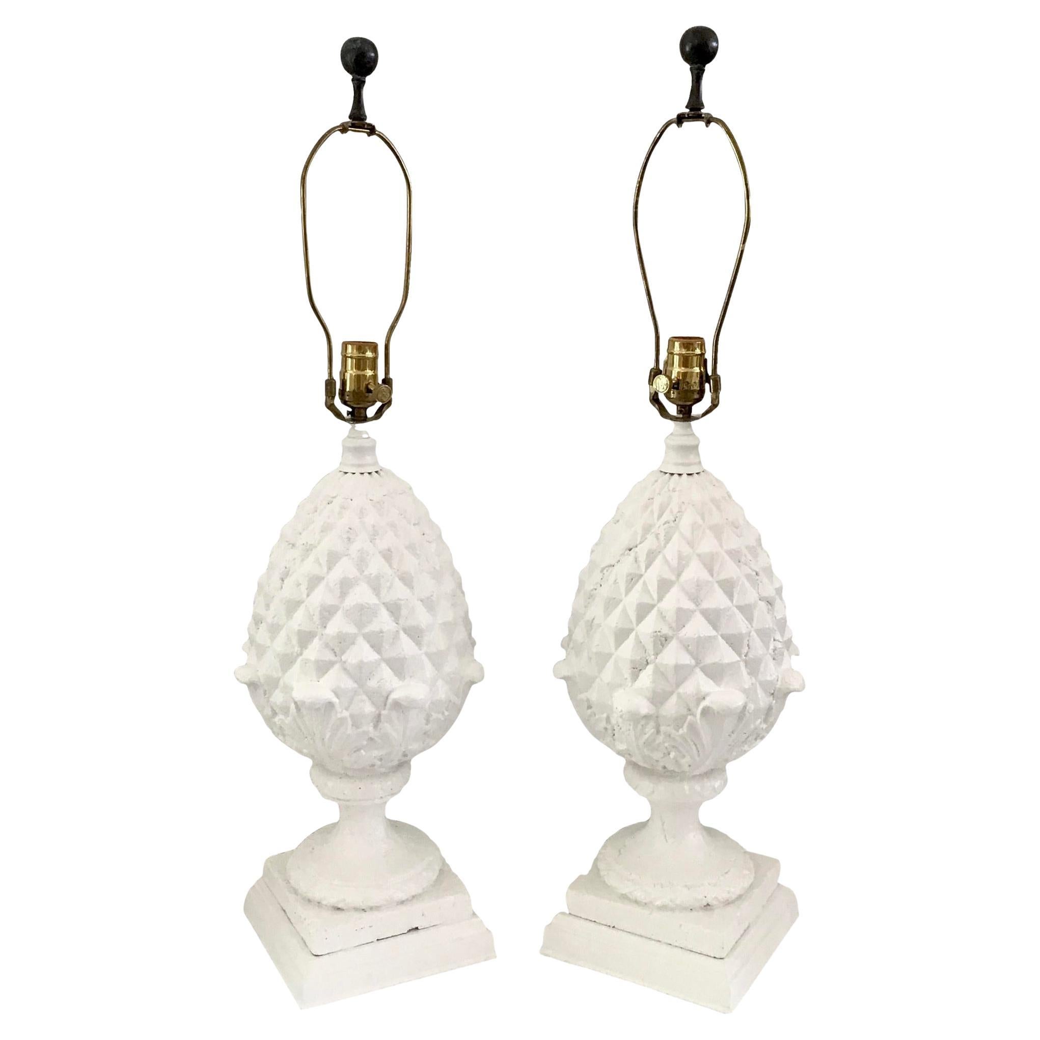 Pineapple Table Lamps in Fresh White Finish, a Pair