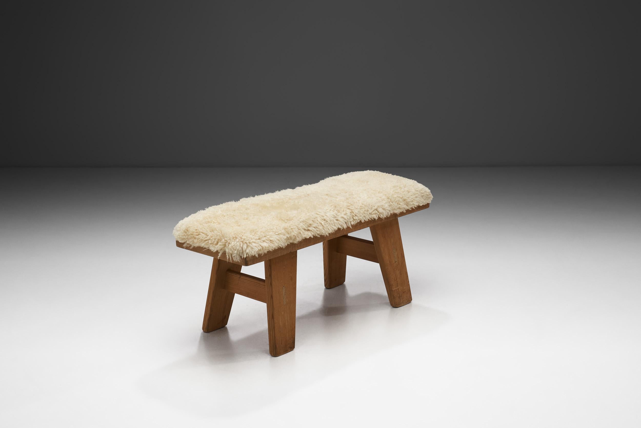 Norwegian Pinewood Bench with Upholstered Seat by Krogenæs, Norway, 1960s