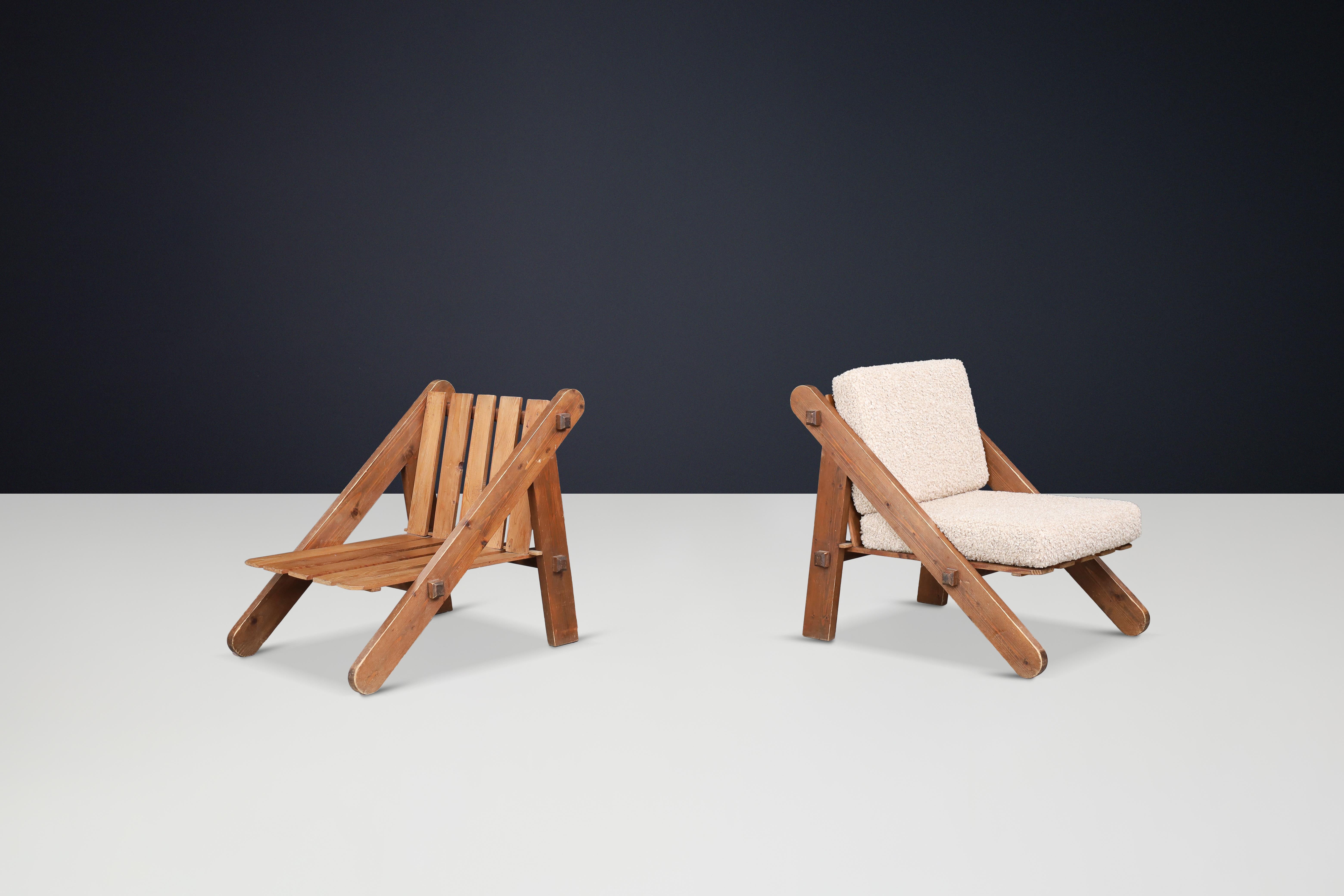 Pinewood Lounge Chairs in New Teddy Upholstery, France, 1970s For Sale 4