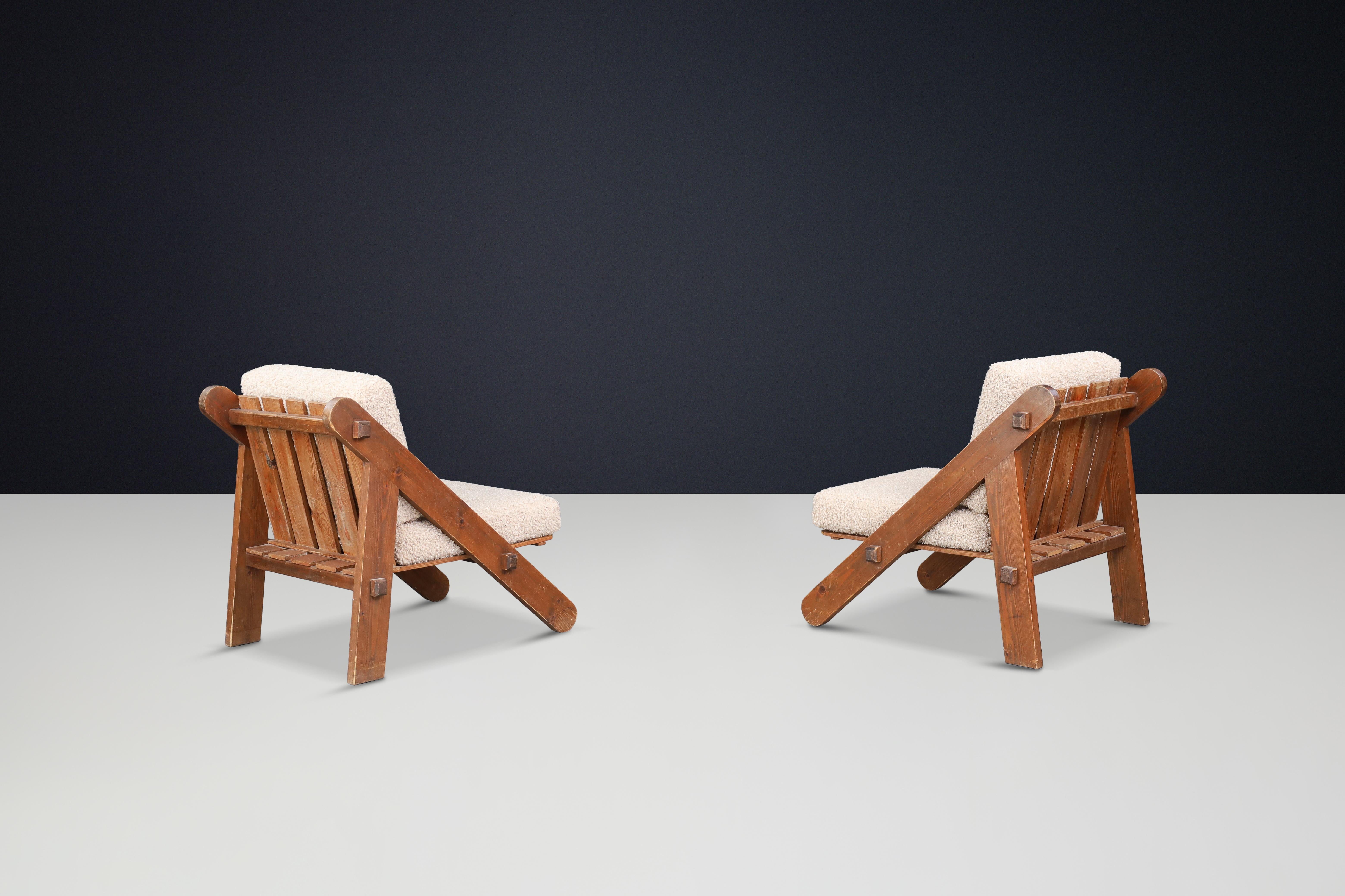 20th Century Pinewood Lounge Chairs in New Teddy Upholstery, France, 1970s For Sale
