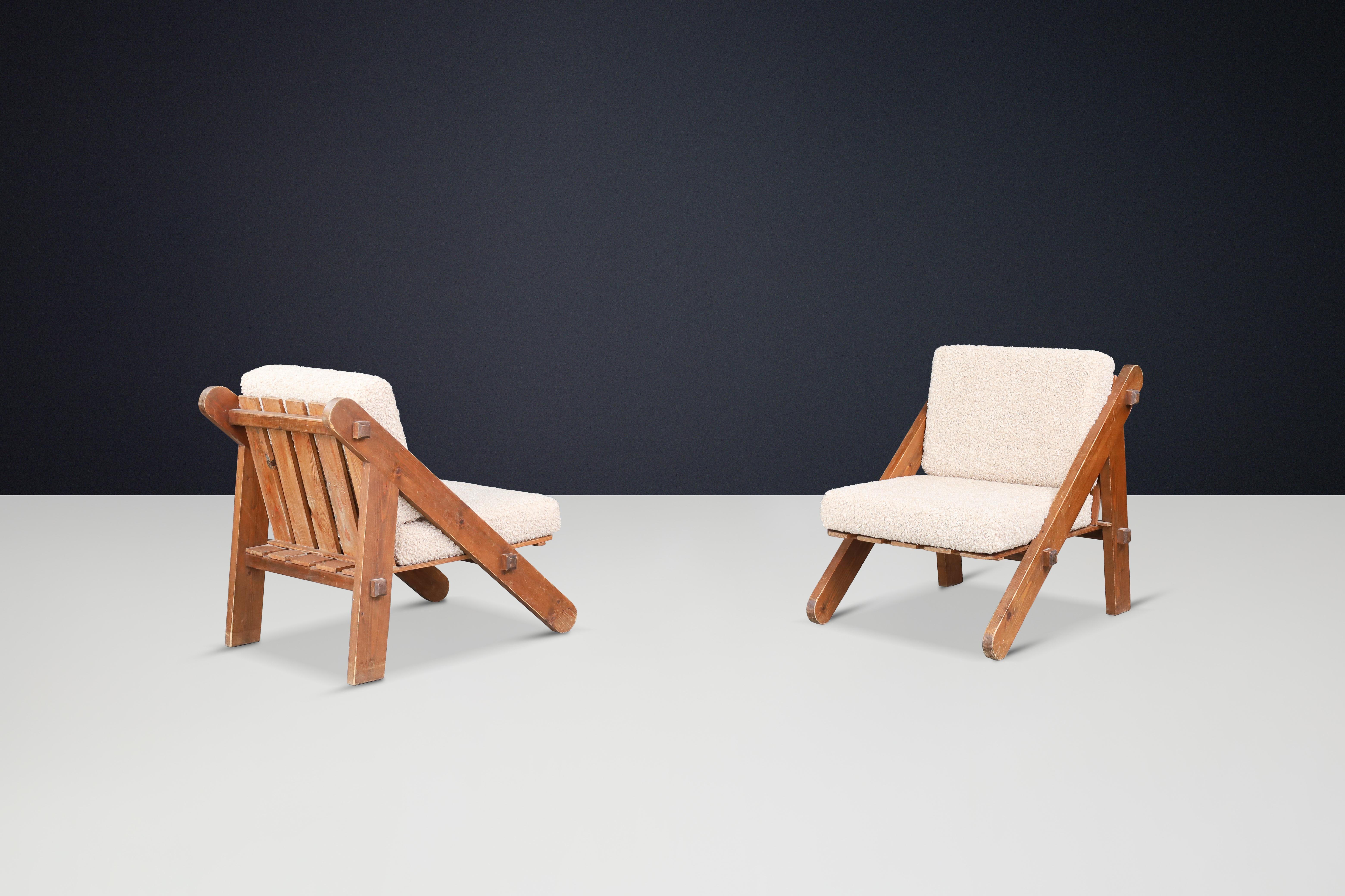 Pinewood Lounge Chairs in New Teddy Upholstery, France, 1970s For Sale 1