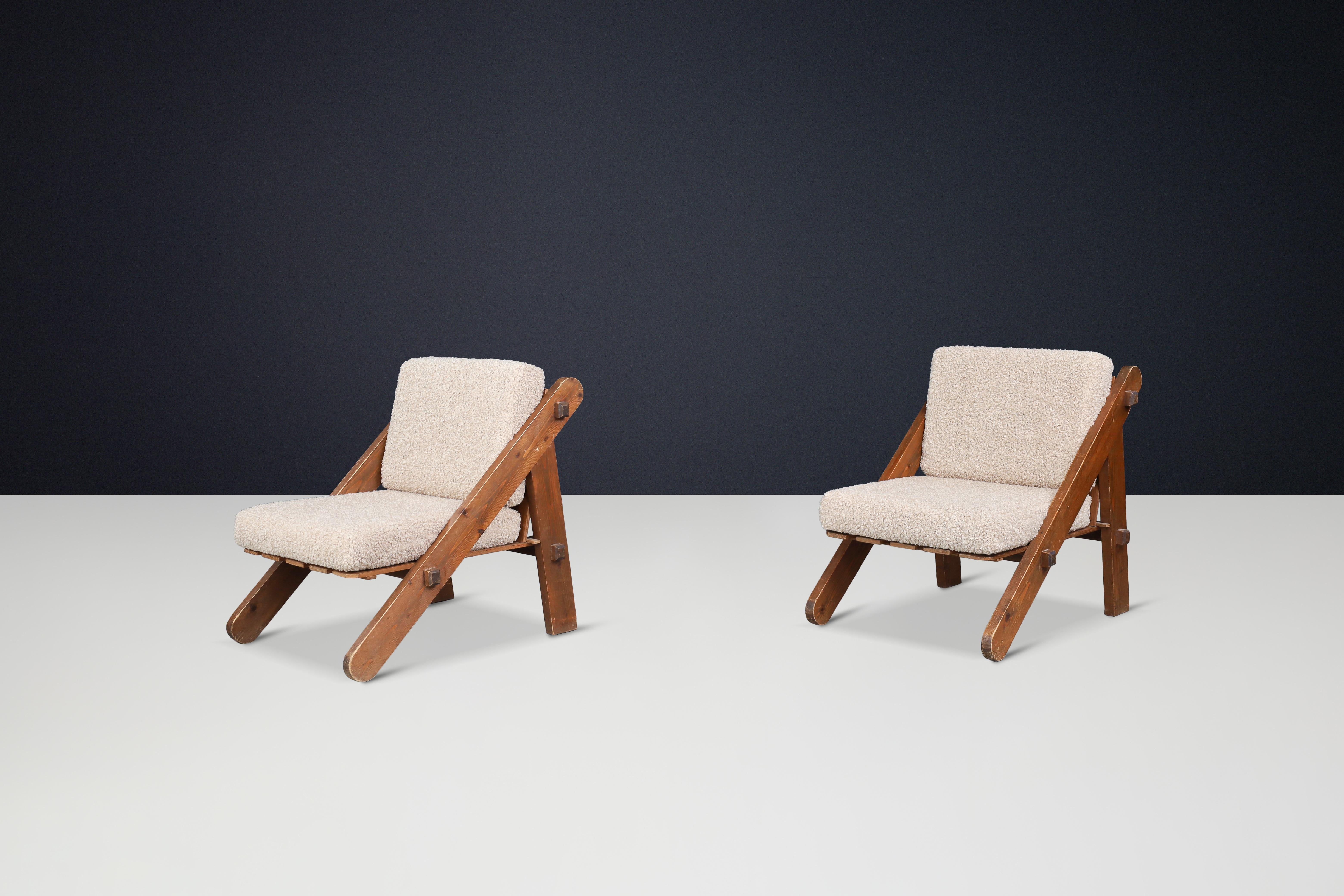 Pinewood Lounge Chairs in New Teddy Upholstery, France, 1970s For Sale 2