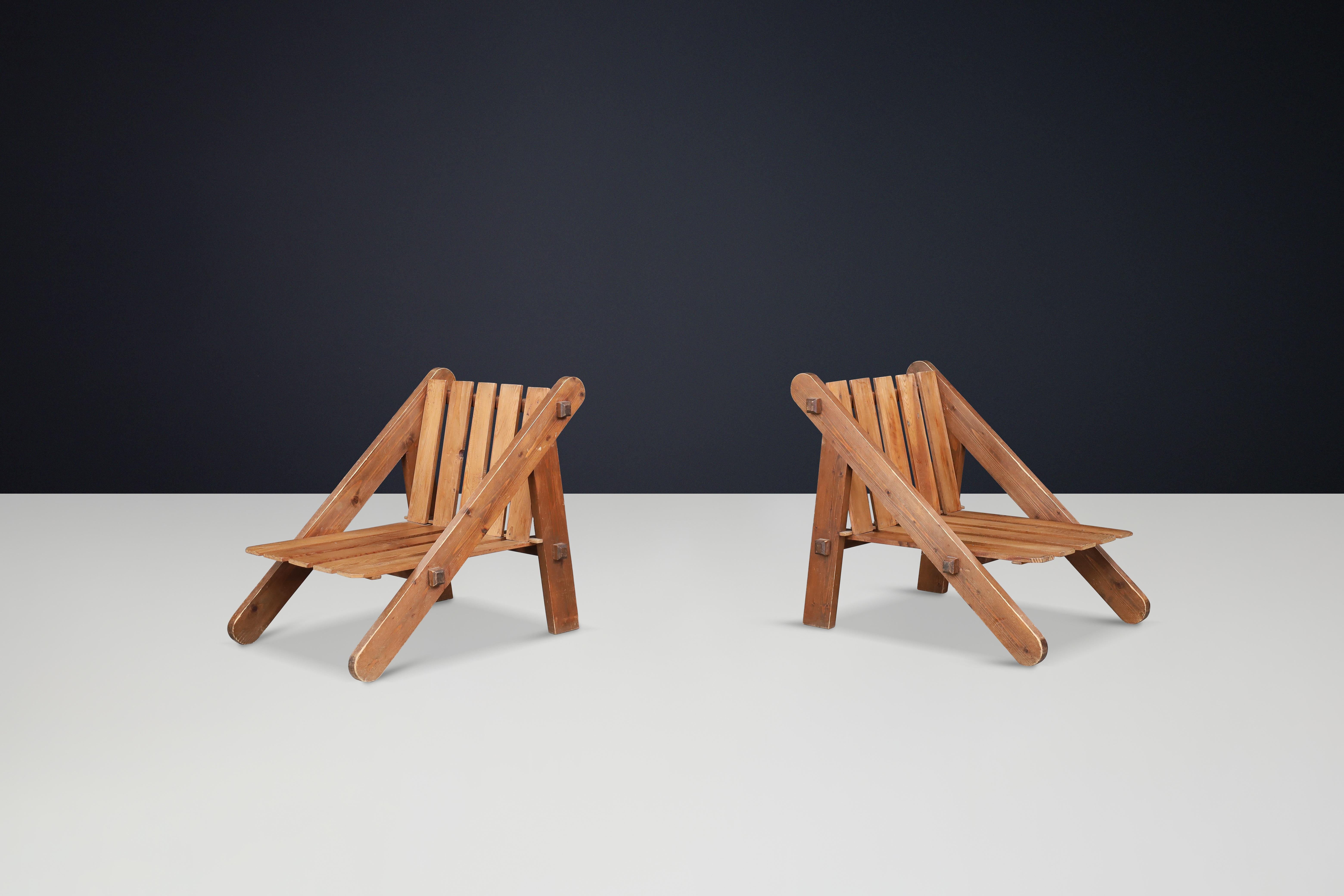 Pinewood Lounge Chairs in New Teddy Upholstery, France, 1970s For Sale 3