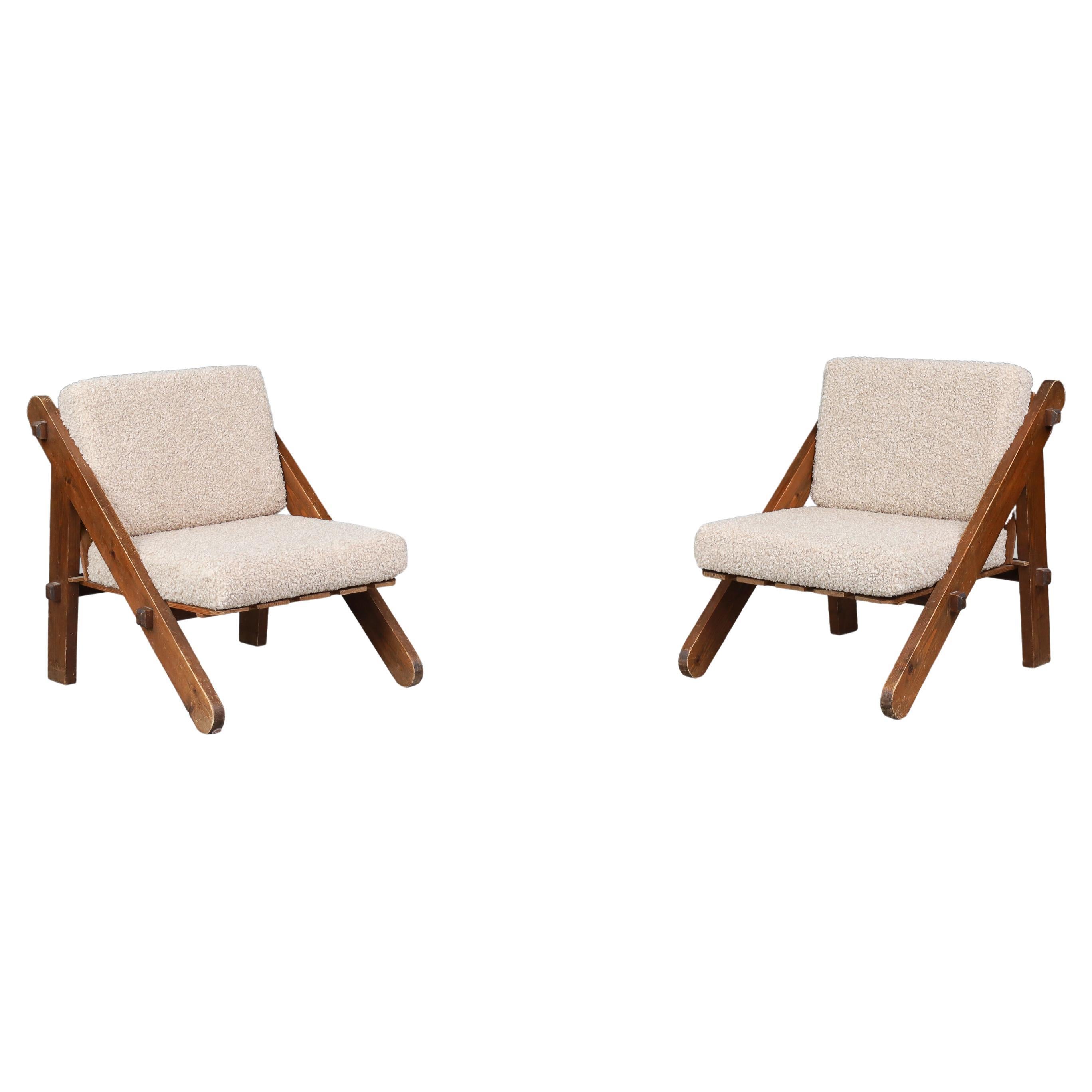 Pinewood Lounge Chairs in New Teddy Upholstery, France, 1970s