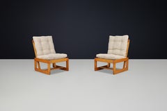 Pinewood Lounge Chairs In Original Jute Fabric Italy 1970s