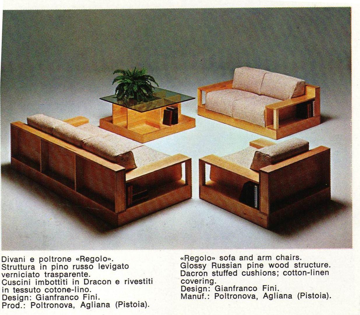 Fabulous and super rare pair of 'Regolo' solid pine wood lounge chairs with mohair upholstery complete with matching 'regolo' pine wood coffee table designed by GianFranco Fini for Poltronova, Italy in 1974. One of the chairs still retains it's