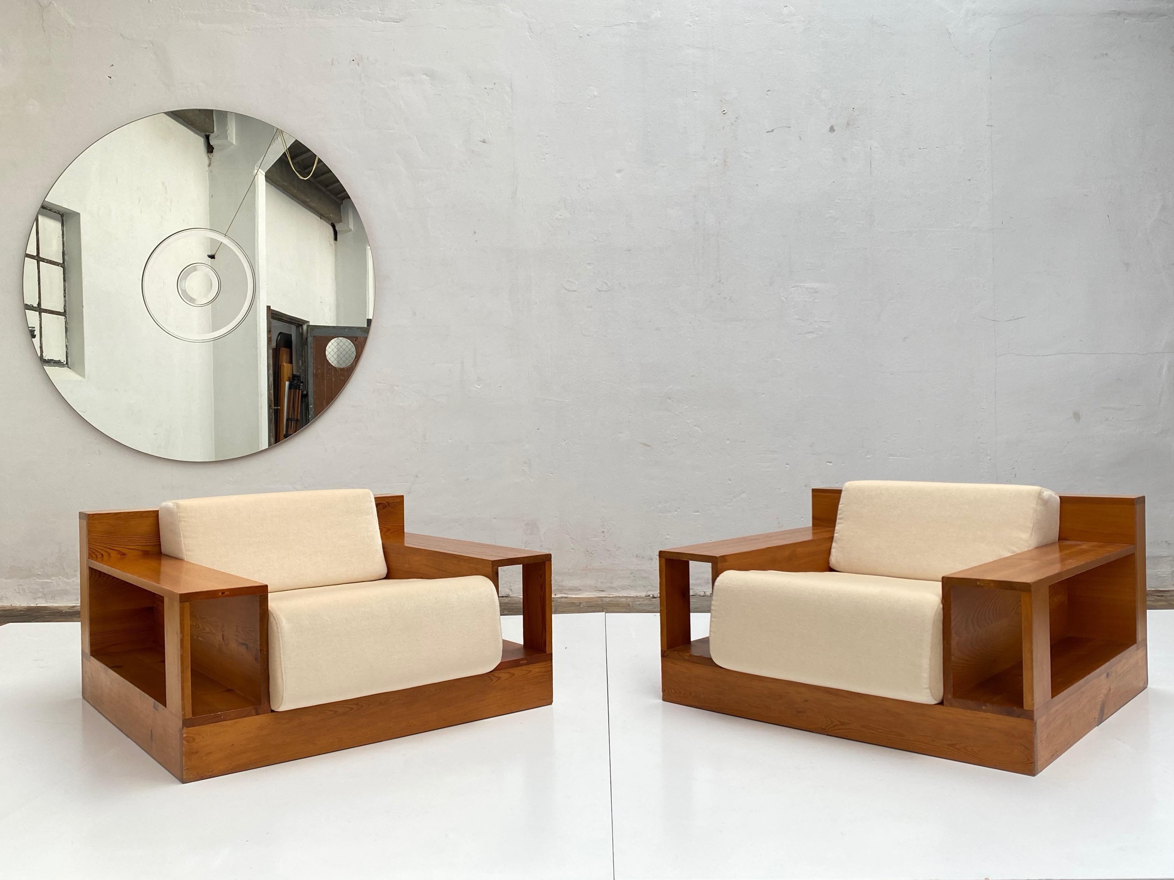 Italian Pinewood and Mohair Lounge Chairs and Table by Gianfranco Fini, Poltronova, 1974