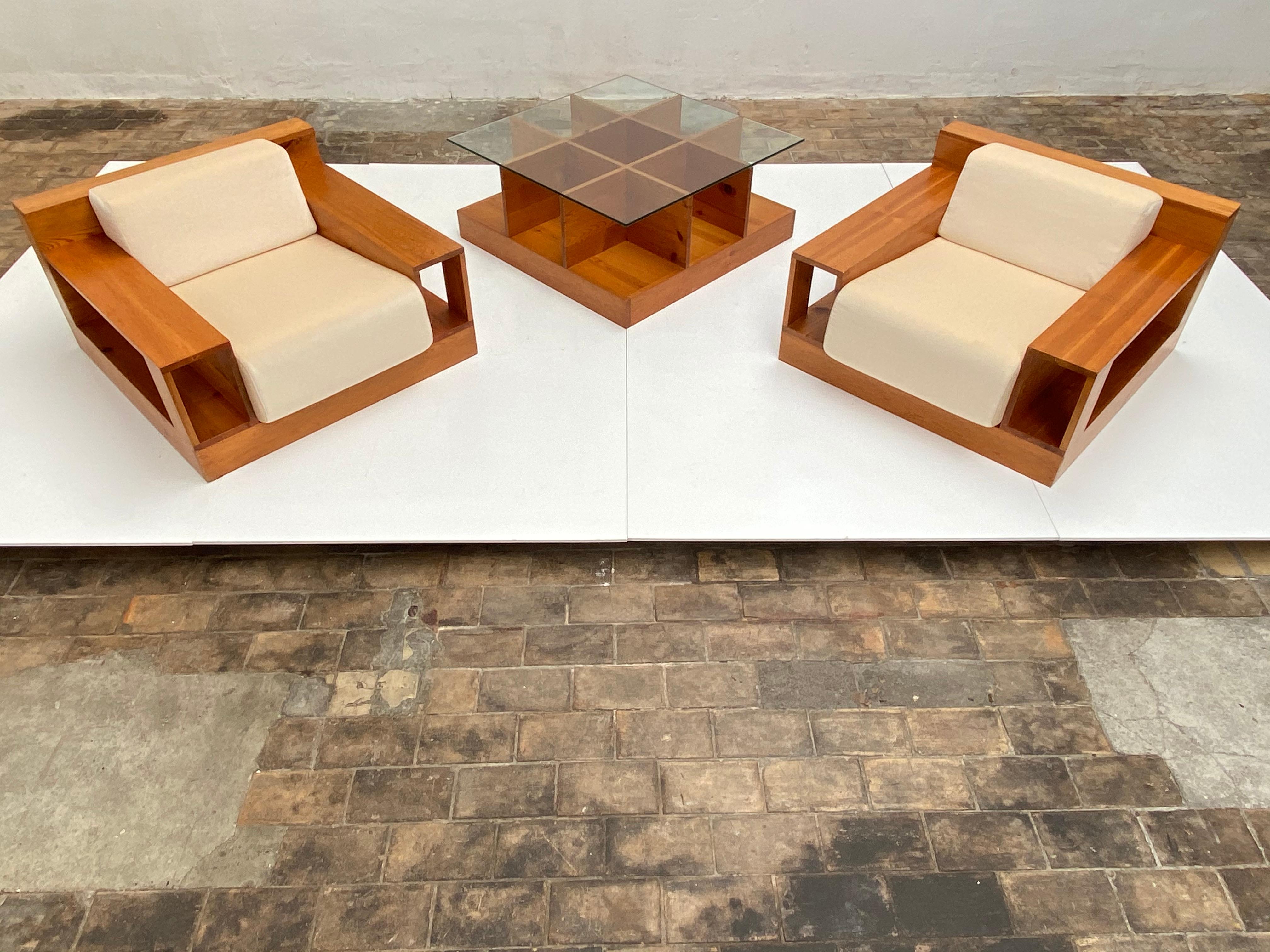 Pinewood and Mohair Lounge Chairs and Table by Gianfranco Fini, Poltronova, 1974 1