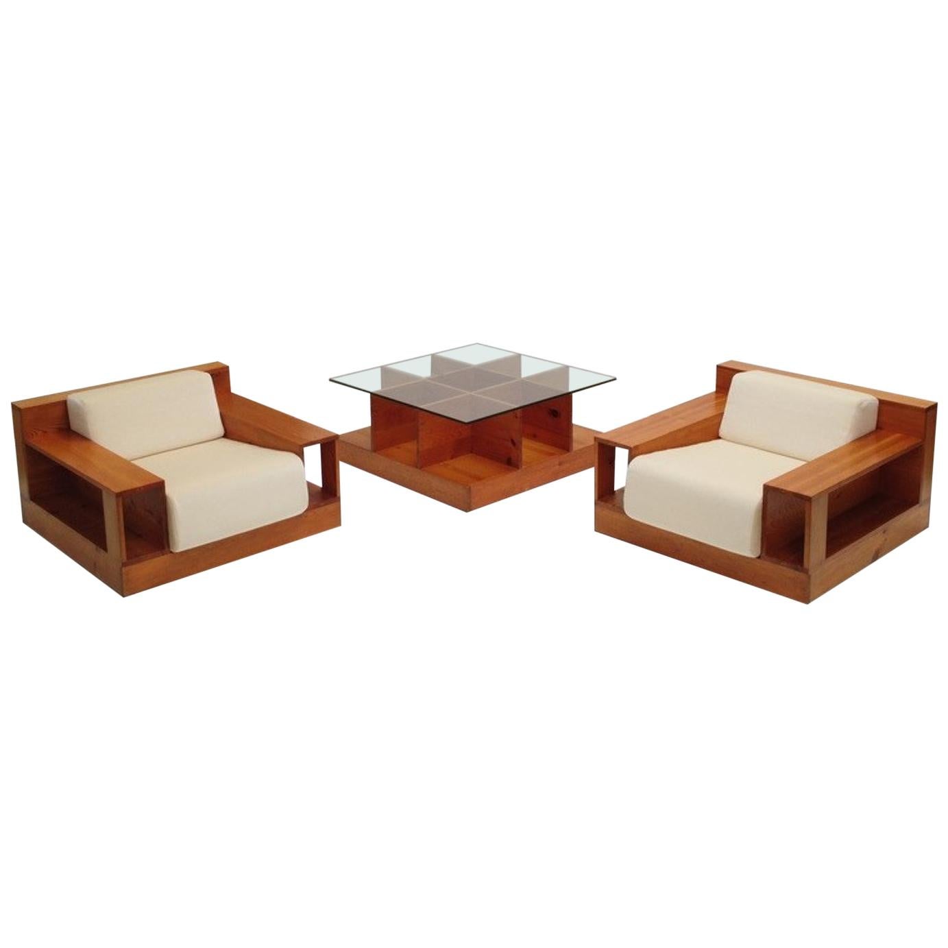 Pinewood and Mohair Lounge Chairs and Table by Gianfranco Fini, Poltronova, 1974