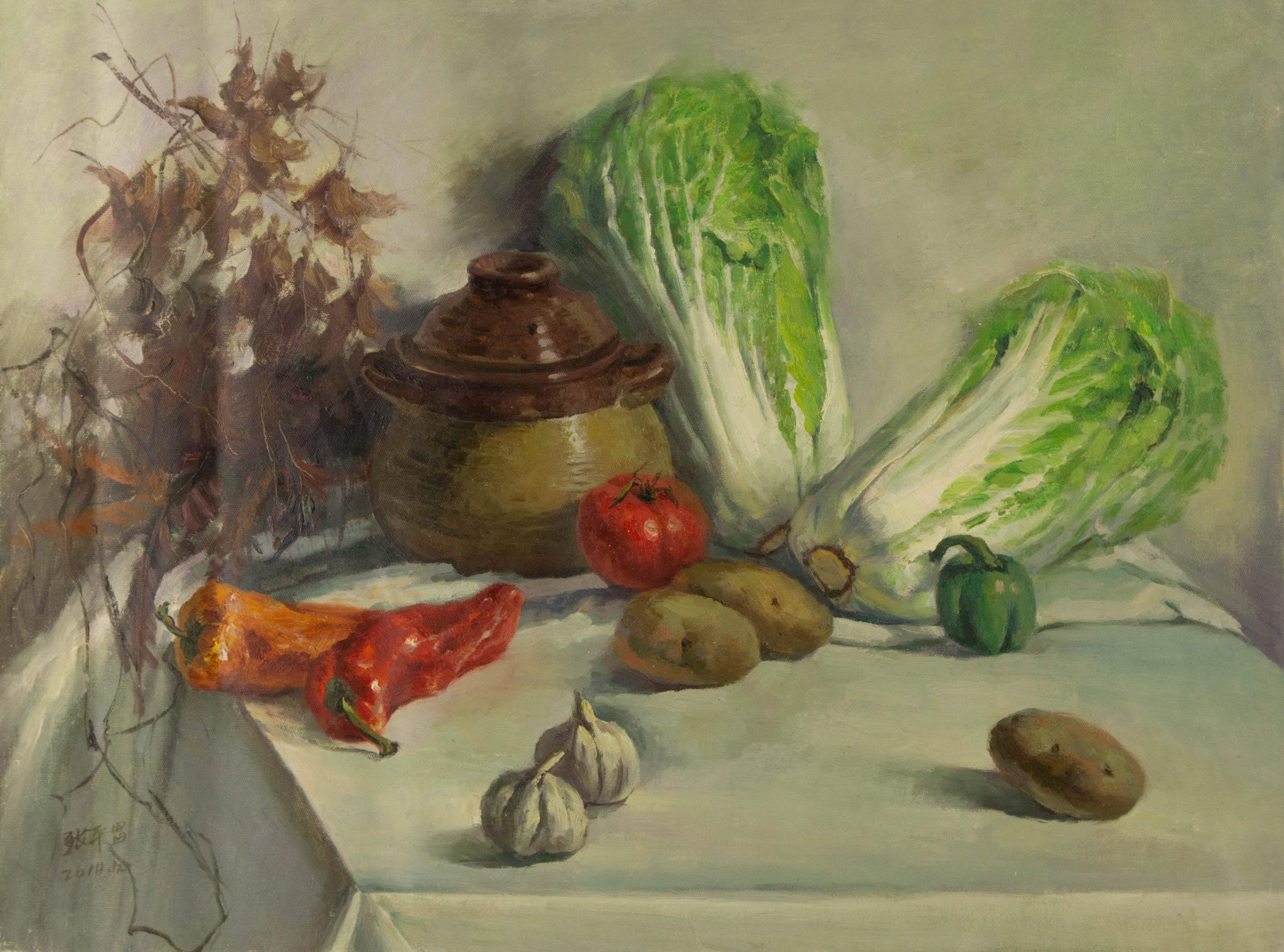  Title: Family Dish
 Medium: Oil on canvas
 Size: 23.5 x 31.25 inches
 Frame: Framing options available!
 Condition: The painting appears to be in excellent condition.
 Note: This painting is unstretched, shipped rolled unless stretching/framing is