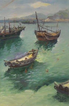 Pingchang Zhang Wasserlandschaft Original Öl auf Leinwand "Boot"