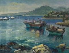 Pingchang Zhang Waterscape Original Oil On Canvas "Boats By The Harbor"