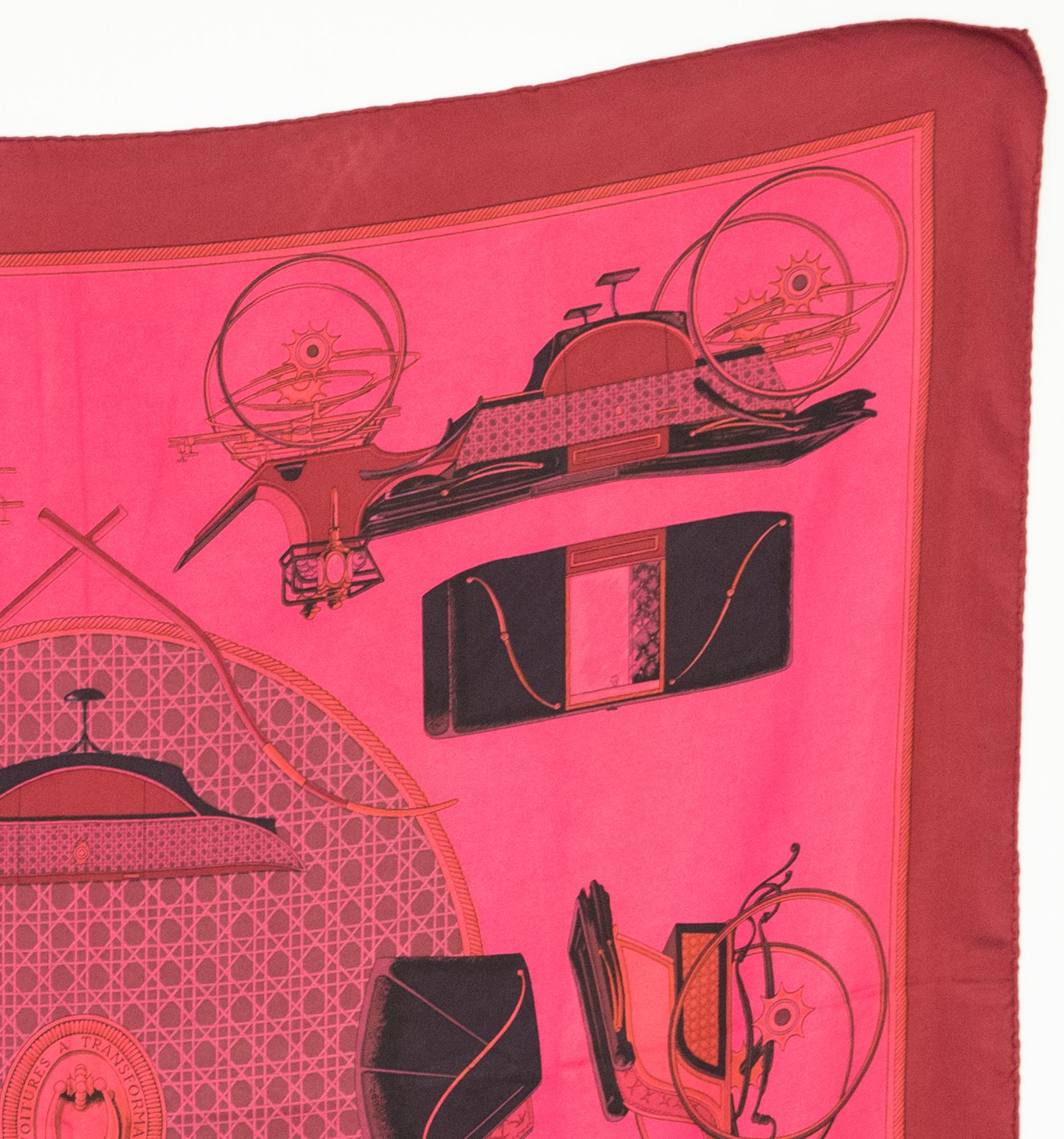 Pink Hermes Voitures a Transformations by F. de la Perriere Silk Scarf