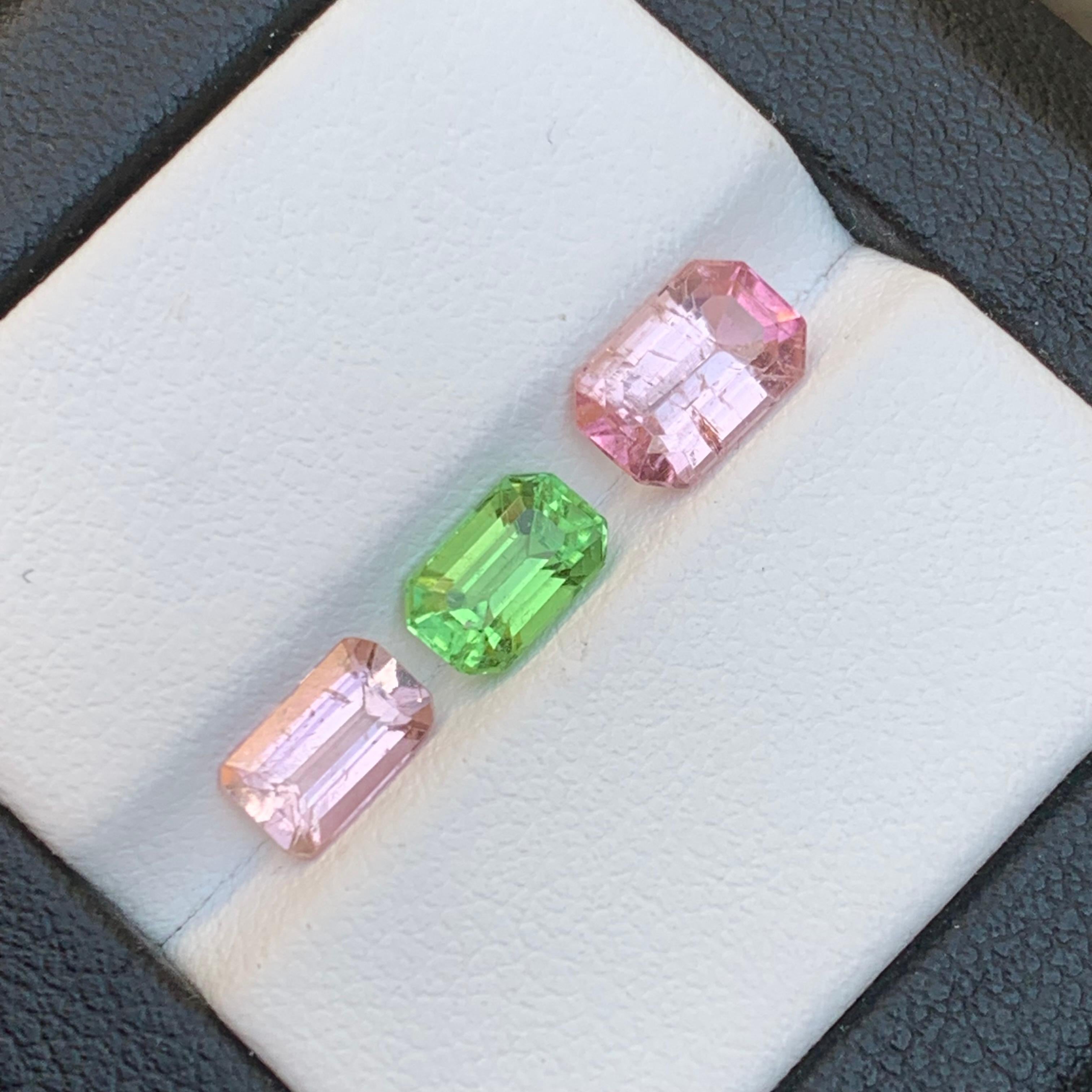 Contemporary Pink & a Vivid Green Natural Tourmaline Loose Gemstones Lot 3.25 Ct Emerald Cut For Sale