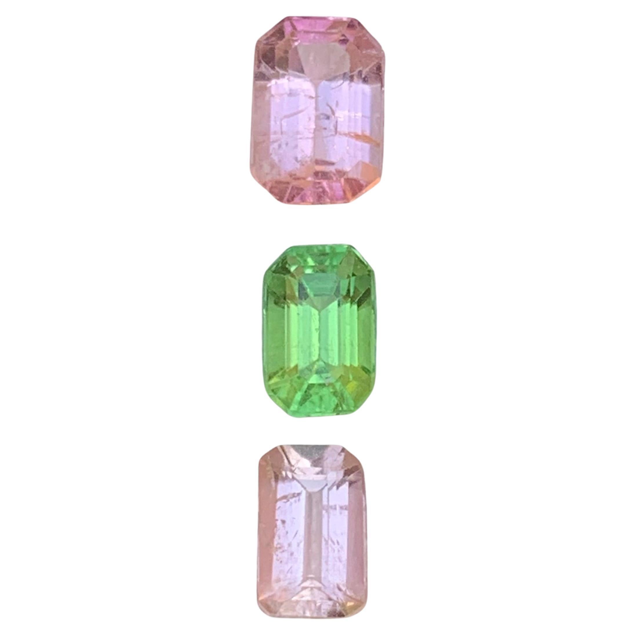 Pink & a Vivid Green Natural Tourmaline Loose Gemstones Lot 3.25 Ct Emerald Cut