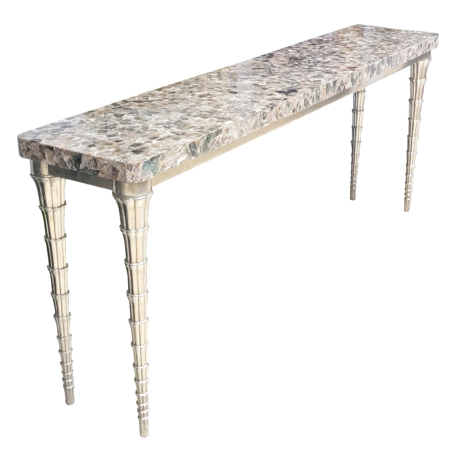 Indian Pink Abalone and White Bronze Clad Cornet Table Handcrafted in India For Sale